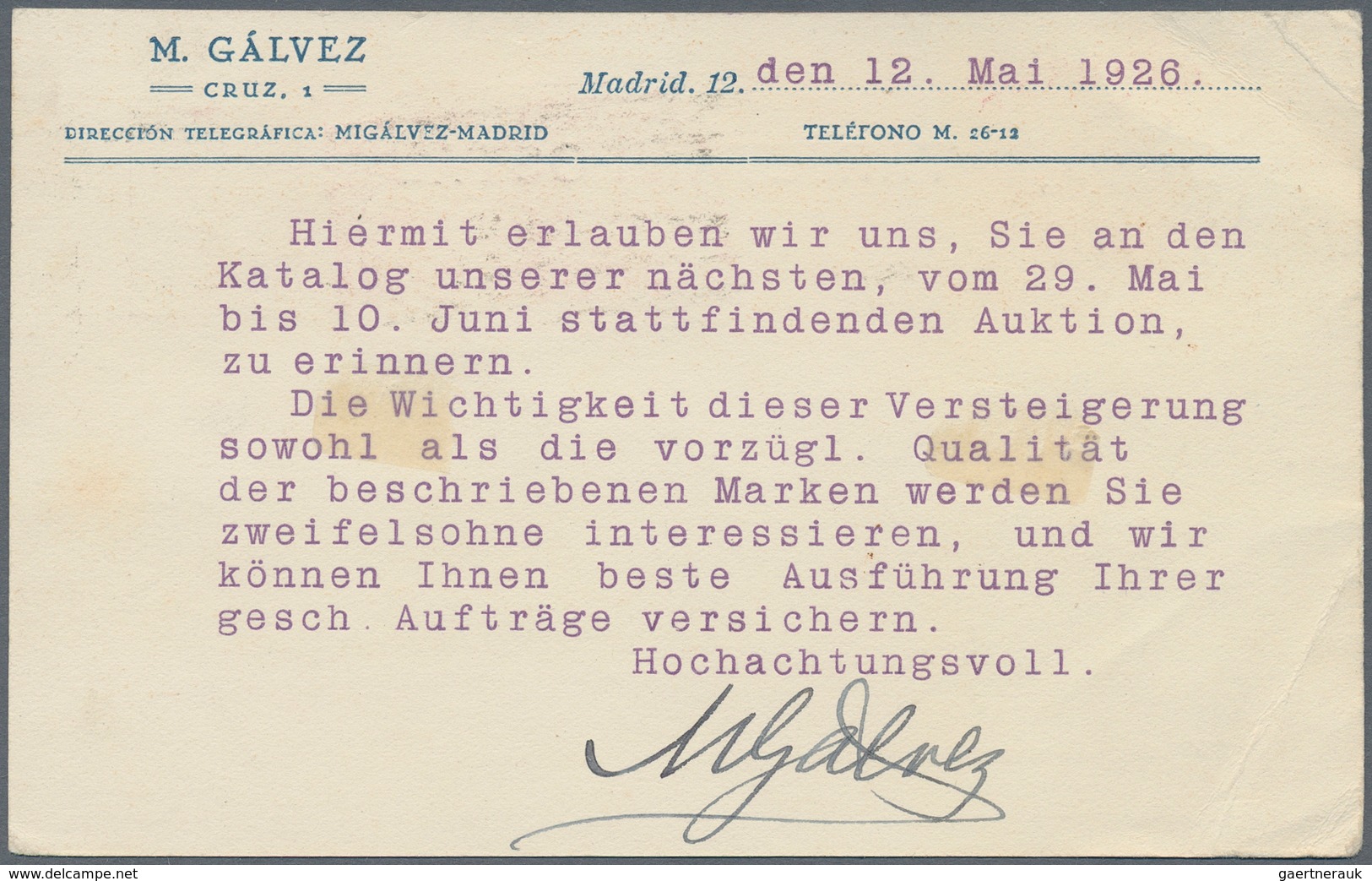 Spanien - Ganzsachen: 1926. Postcard 15c Lilac Alfonso XIII (Vaquer) "M. Gálvez. Memorandum. Cruz, 1 - 1850-1931