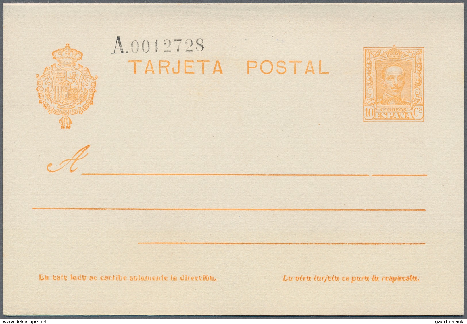 Spanien - Ganzsachen: 1925. Reply Card 10c+10c Yellow Alfonso XIII (Vaquer). Unused. Slight Crease A - 1850-1931