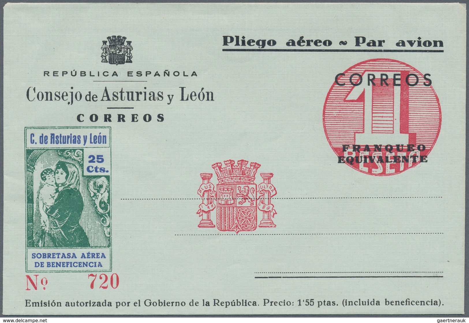 Spanien - Ganzsachen: 1938. Aerogram 1p + 25c Pink And Black & Green Consejo De Asturias Y León. Uns - 1850-1931