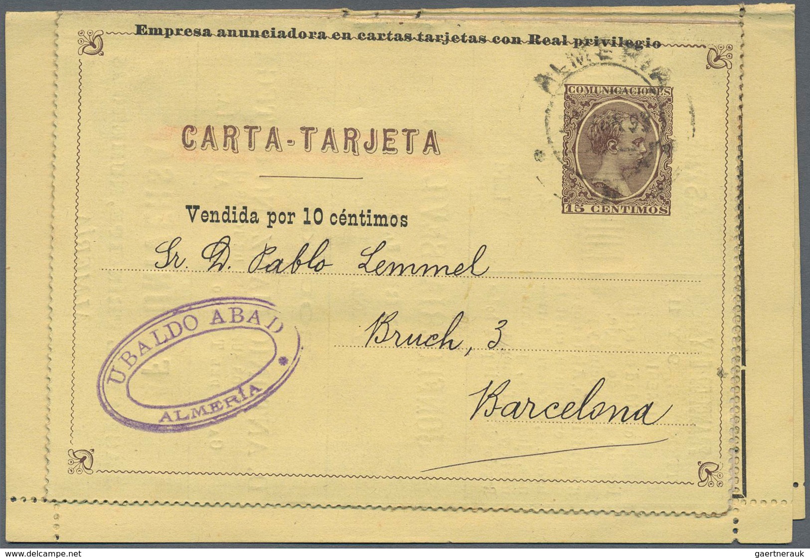 Spanien - Ganzsachen: 1893. Ad Letter Card 15c Alfonso XIII. Pelón With Some Almeria Ads Inside. Use - 1850-1931