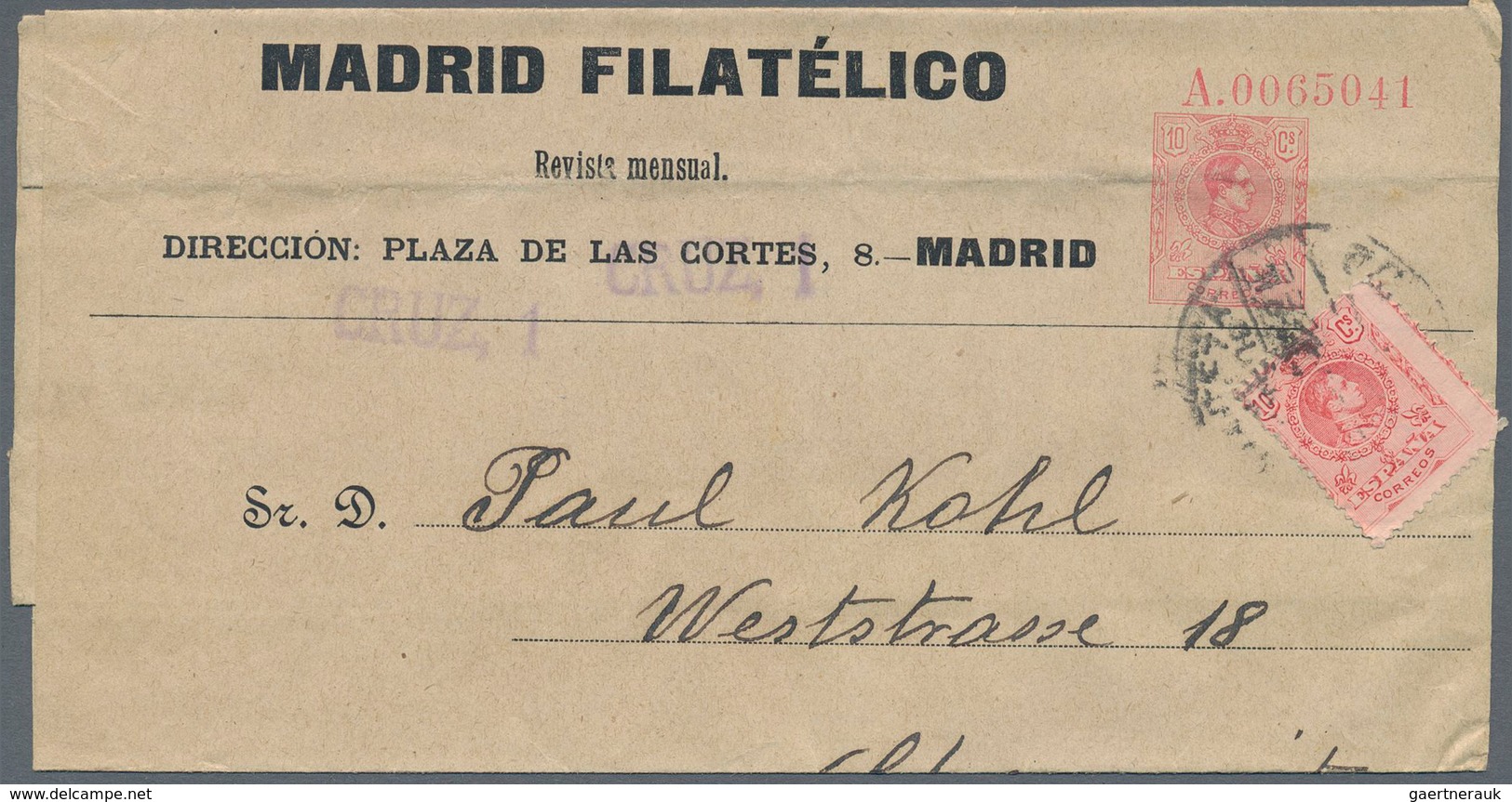 Spanien - Ganzsachen: 1917 (approx). Wrapper 10c Red Alfonso XIII Medallón "Madrid Filatélico / ... - 1850-1931