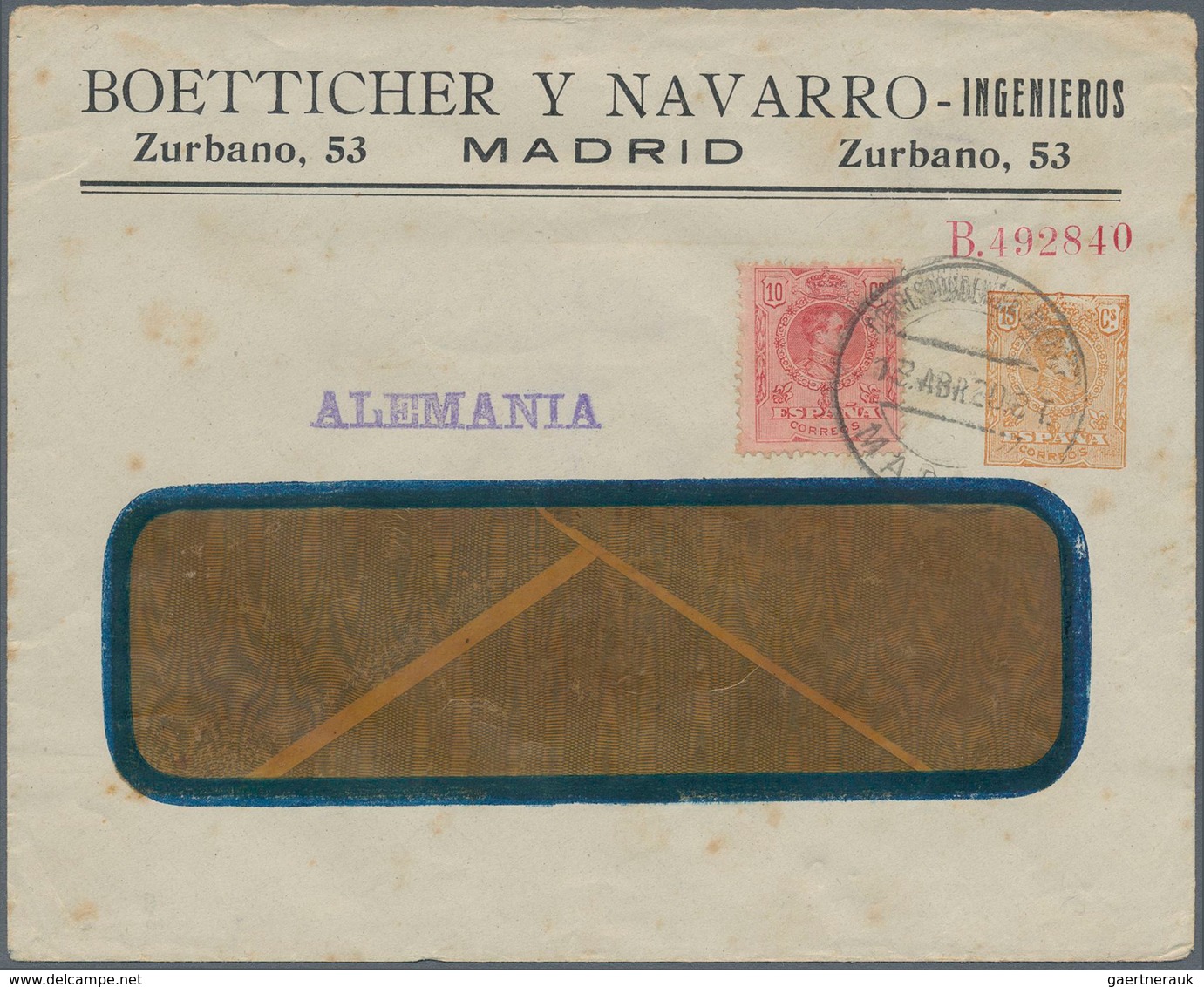 Spanien - Ganzsachen: 1920. Private Window Cover 15c Yellow Alfonso XIII Medallón Inscripted On The - 1850-1931