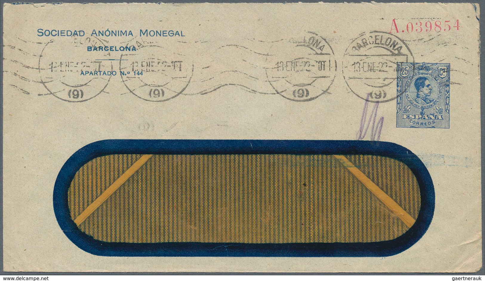 Spanien - Ganzsachen: 1922. Private Window Cover 25c Blue Alfonso XIII Medallón Inscripted On The Fr - 1850-1931