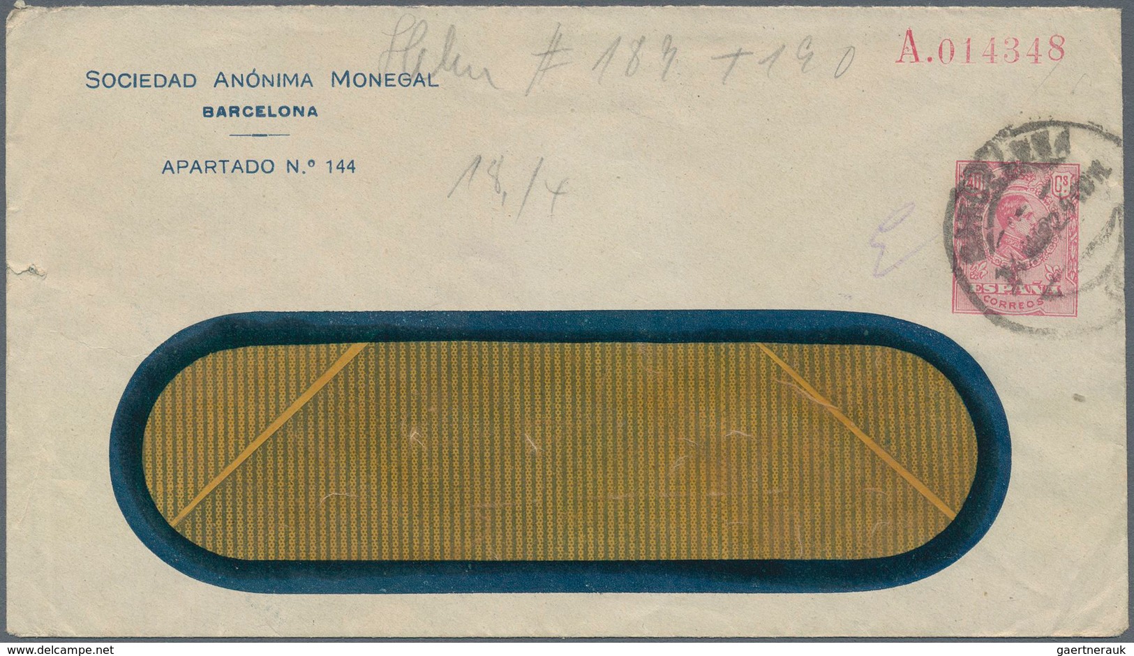 Spanien - Ganzsachen: 1925. Private Window Cover 40c Red Alfonso XIII Medallón Inscripted On The Fro - 1850-1931