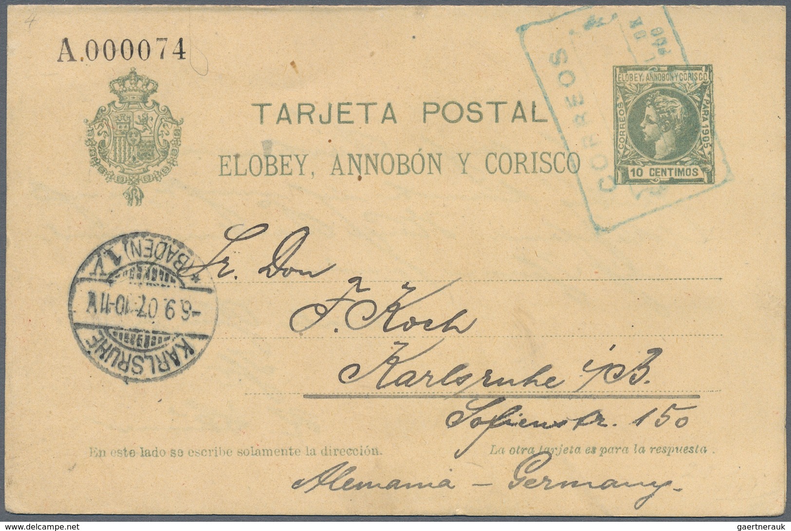 Spanien - Ganzsachen: 1907. Reply Card 10c+10c Green Alfonso XIII Infante "Elobey, Annobon Y Corisco - 1850-1931