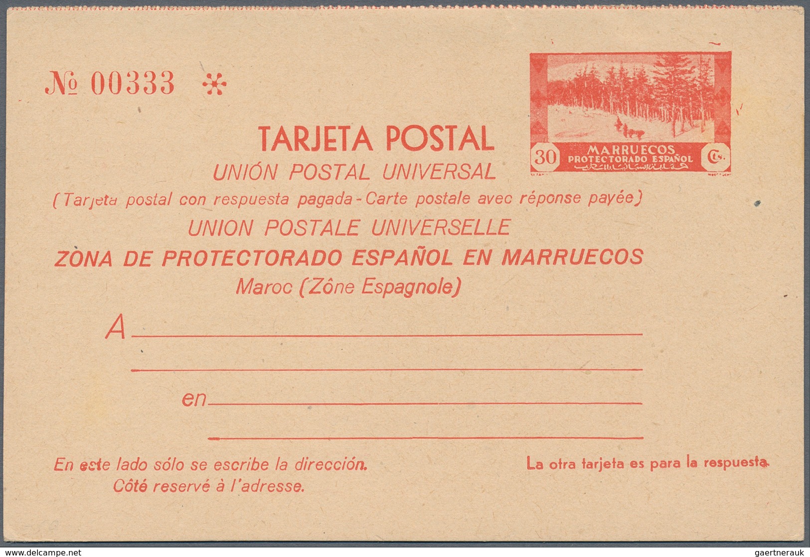 Spanien - Ganzsachen: 1935. Reply Card 30c+30c Red Cedros Y Nieve En El Bosque De Ketama "Zona De Pr - 1850-1931