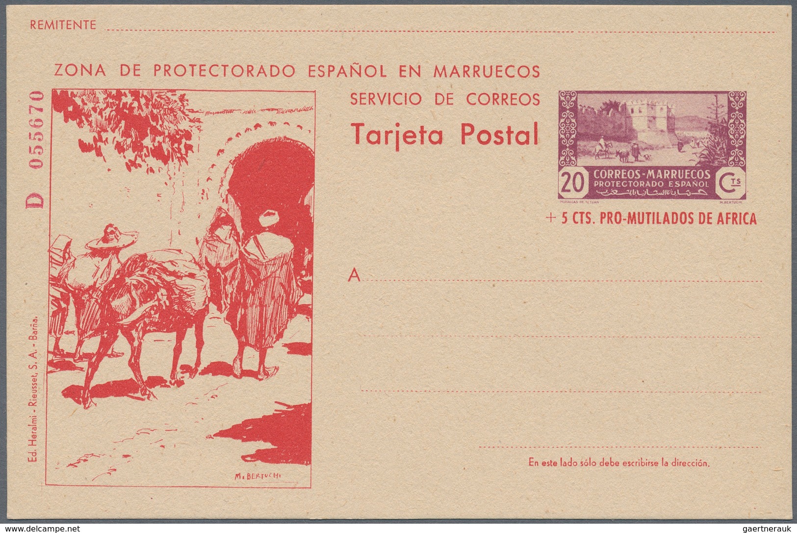 Spanien - Ganzsachen: 1944. Picture Postcard 20c Lilac Murallas De Tetuán (+5c Red Pro Mutilado De À - 1850-1931