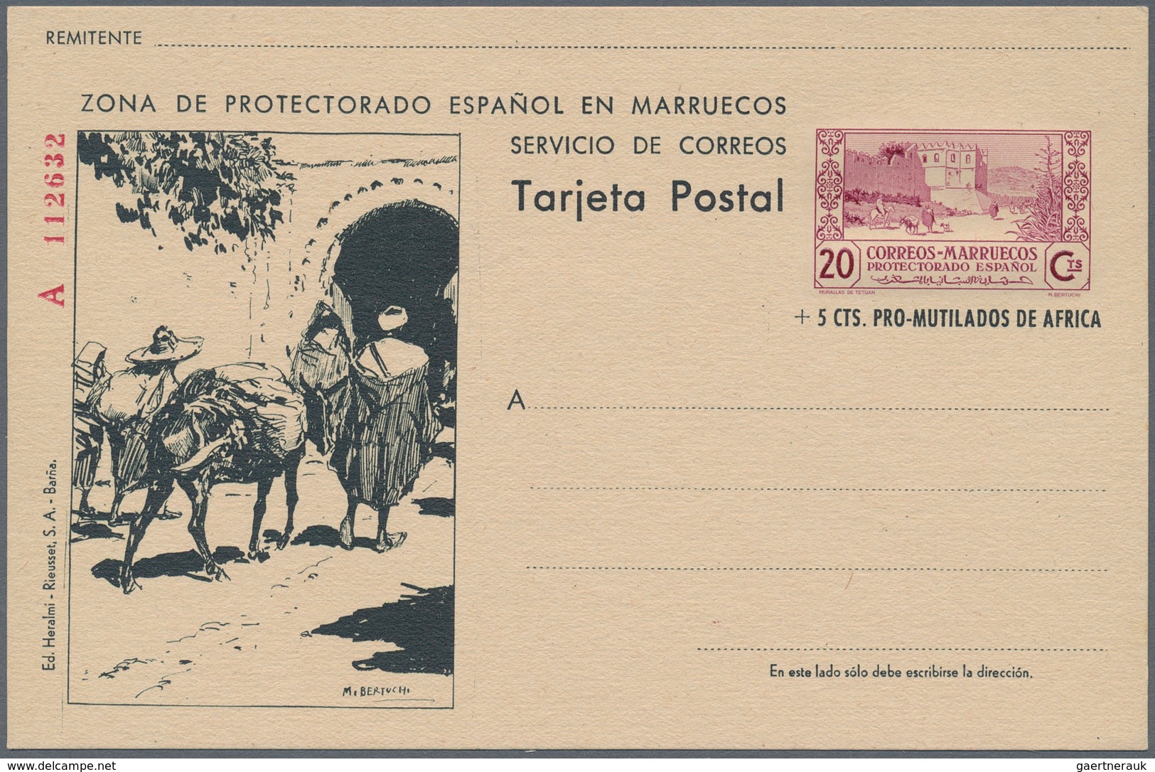 Spanien - Ganzsachen: 1944. Picture Postcard 20c Lilac Murallas De Tetuán (+5c Black Pro Mutilado De - 1850-1931