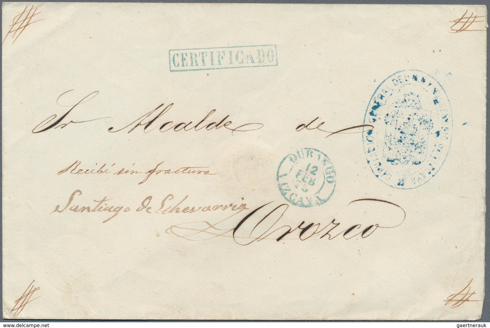 Spanien - Besonderheiten: 1875, Stampless Registered Offical Cover With Blue Markings: Oval Crested - Sonstige & Ohne Zuordnung