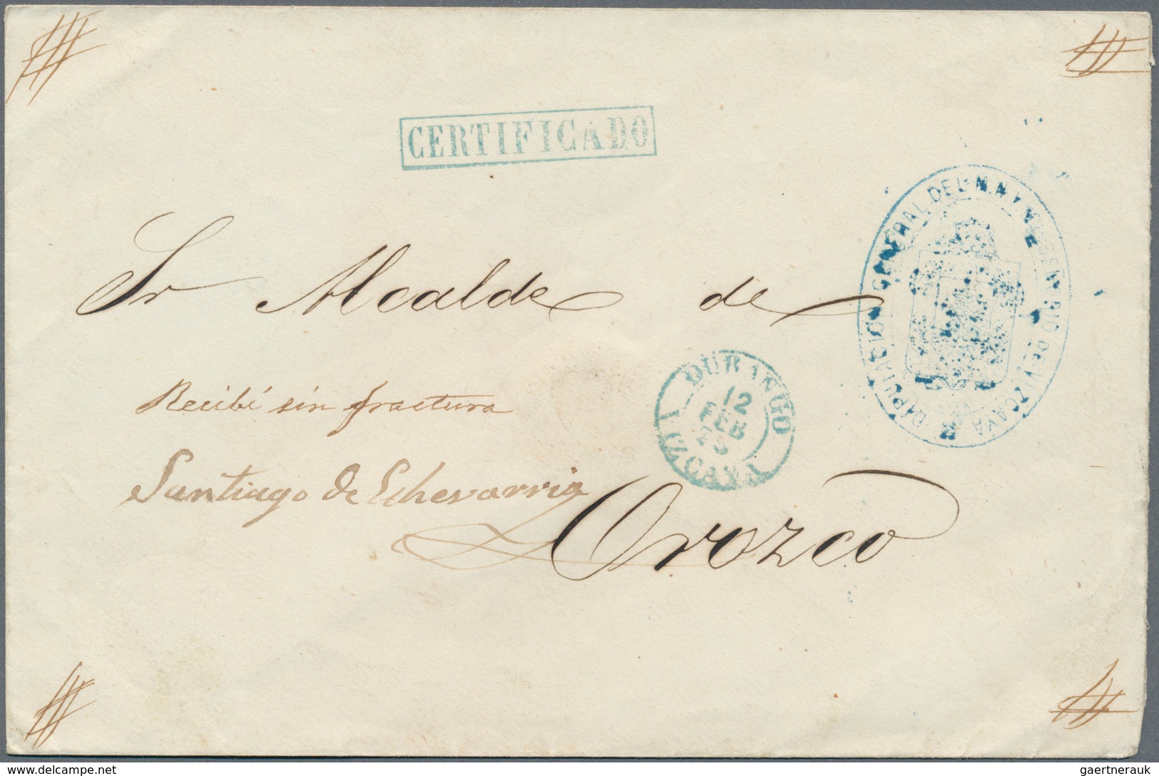 Spanien - Besonderheiten: 1875, Stampless Registered Offical Cover With Blue Markings: Oval Crested - Andere & Zonder Classificatie