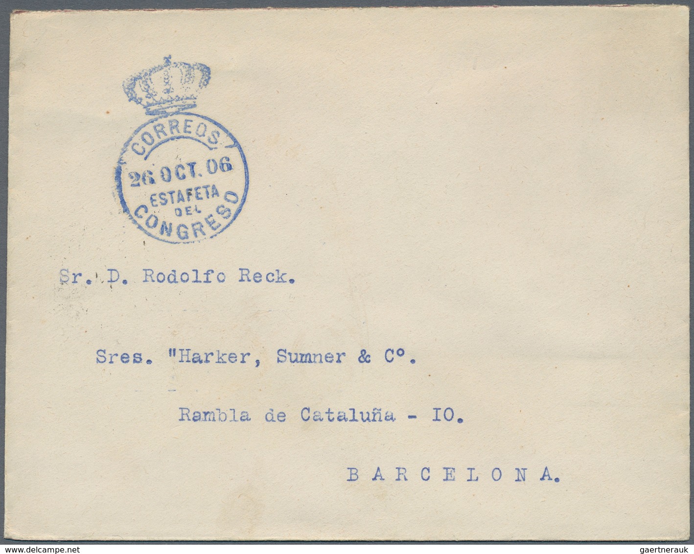 Spanien - Besonderheiten: 1906, "CORREOS/ESTAFETA DEL CONGRESO" Blue Crown Handstamp On Cover In Bar - Other & Unclassified