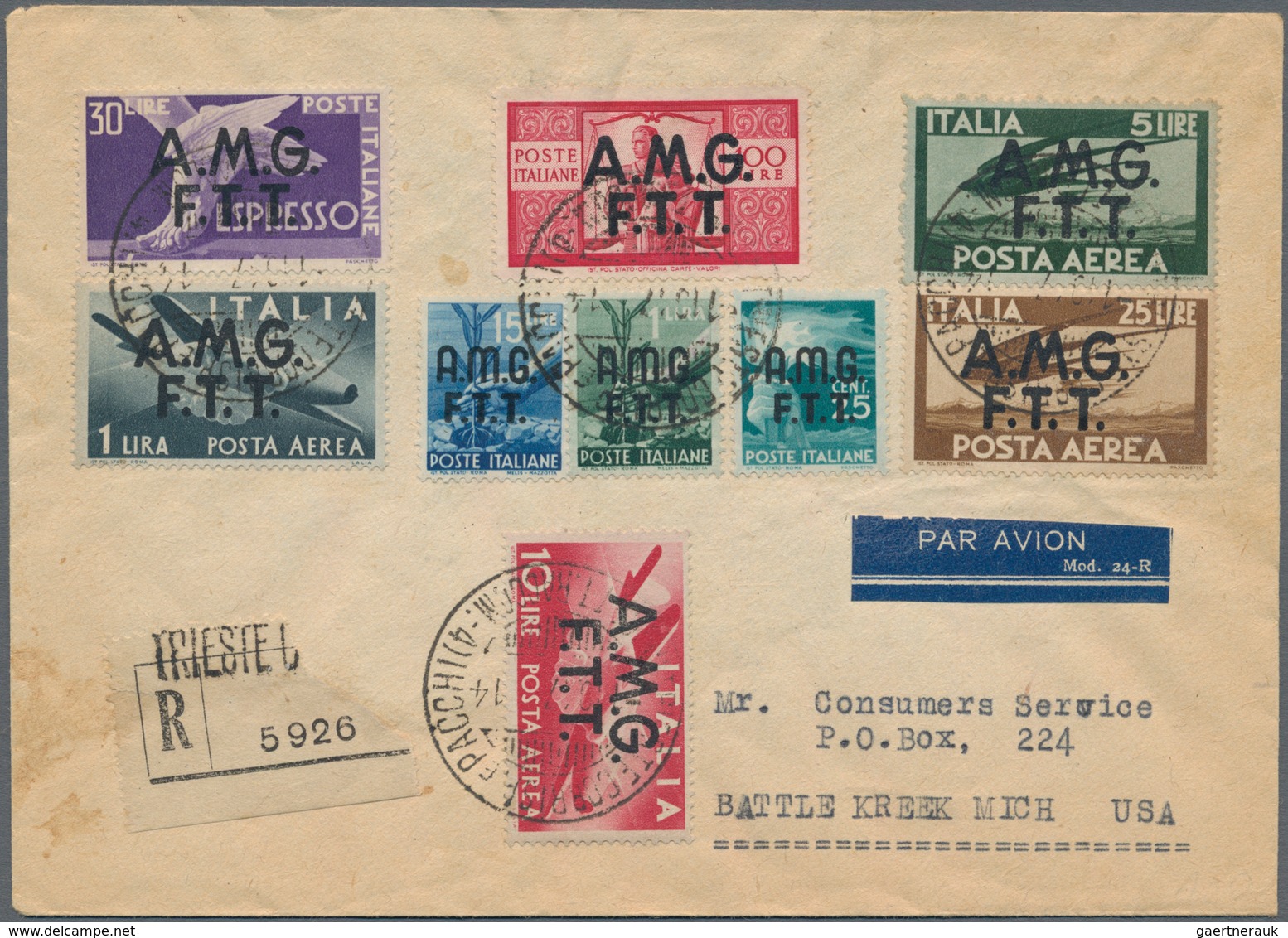 Triest - Zone A: 1947, 25 Cmi, 1 L, 15 L And 100 L Definitives, 1 L, 5 L, 10 L And 25 L Airmail Stam - Marcophilia