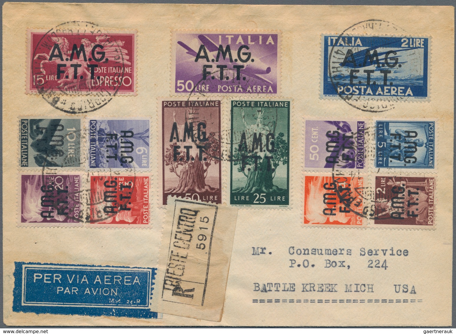 Triest - Zone A: 1947, Multicolor Franking With 13 Different Stamps, Comprising 10 Definitive Stamps - Marcofilie