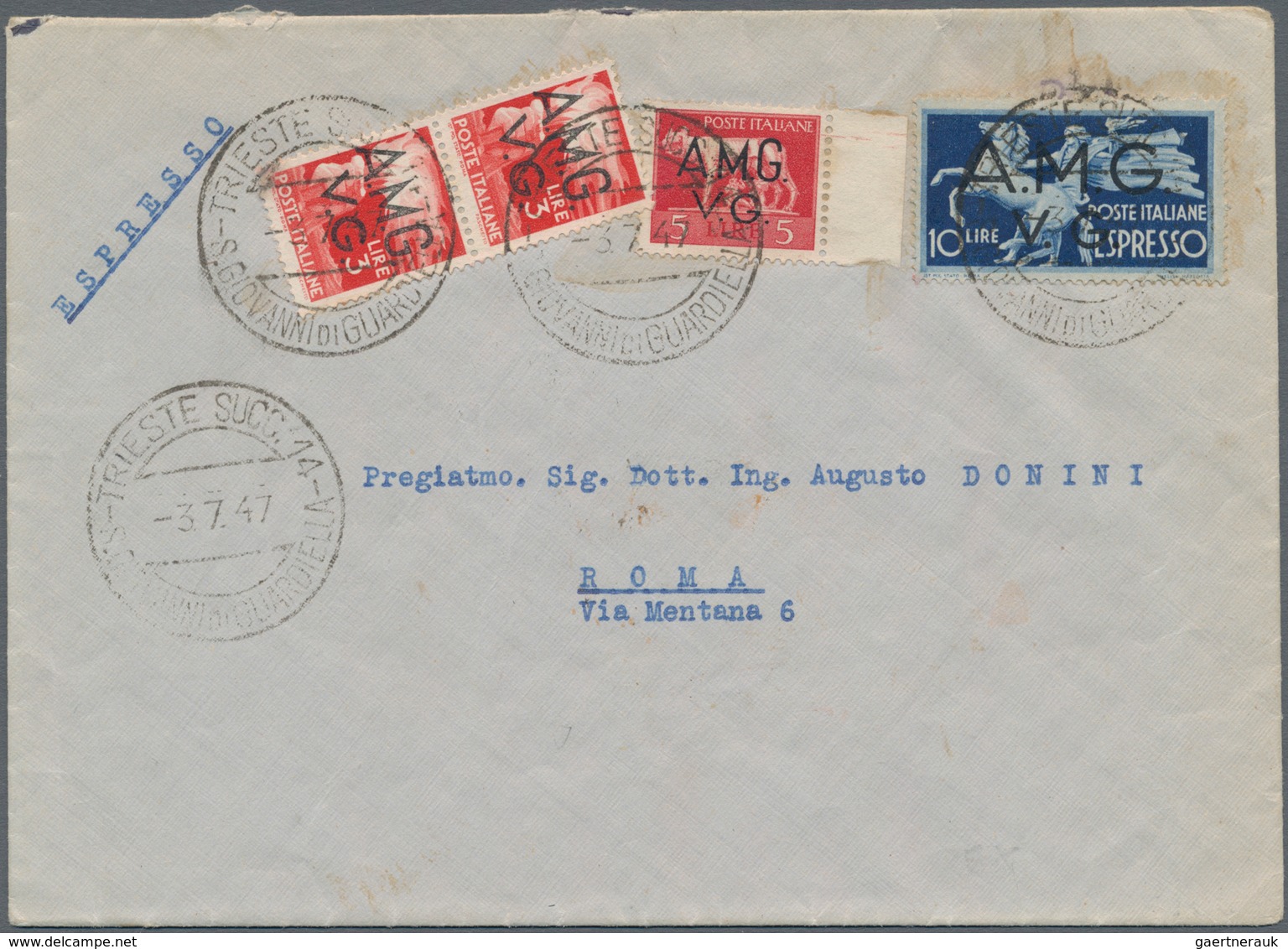 Triest - Zone A: 1947, 2 X 3 L Red, 5 L Carmine And 10 L Dark Blue Express Stamp, Mixed Franking On - Marcofilie