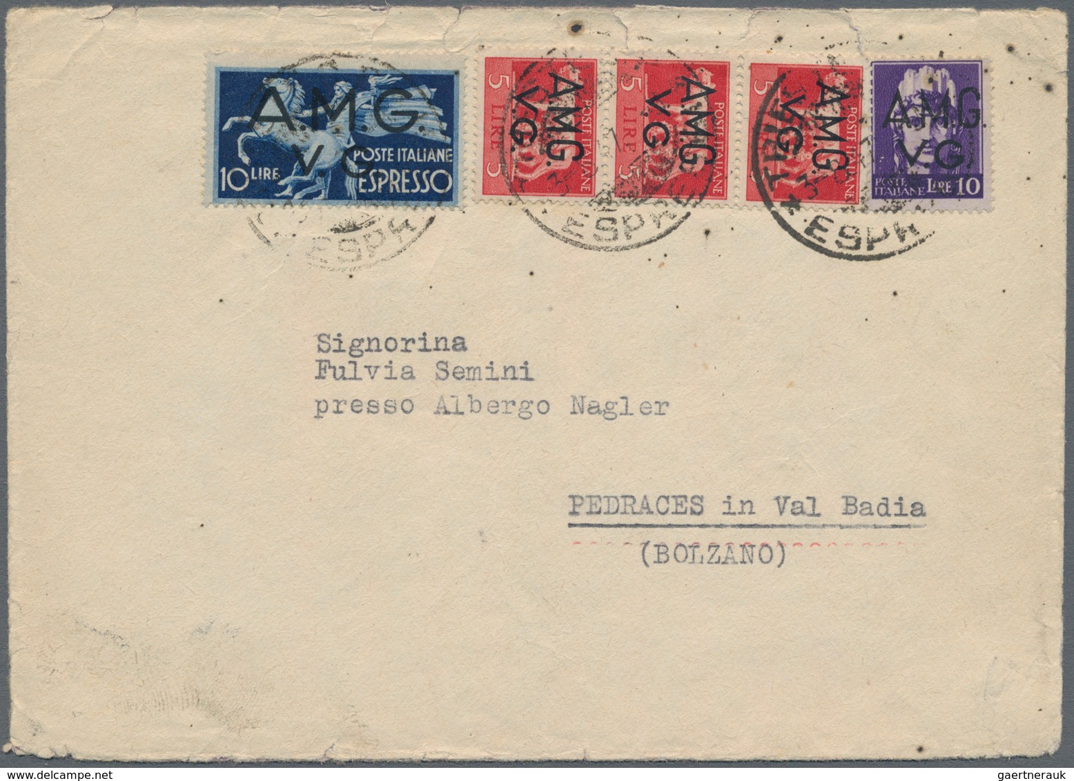 Triest - Zone A: 1947, 3 X 5 L Carmine, 10 L Violet And 10 L Dark Blue Express Stamp, Mixed Franking - Marcofilie