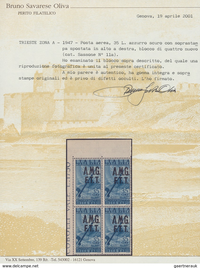 Triest - Zone A: 1947, Telegraphy Airmail Stamp 35l. Dark Blue With MISPLACED OVERPRINT ‚A.M.G./F.T. - Marcofilie