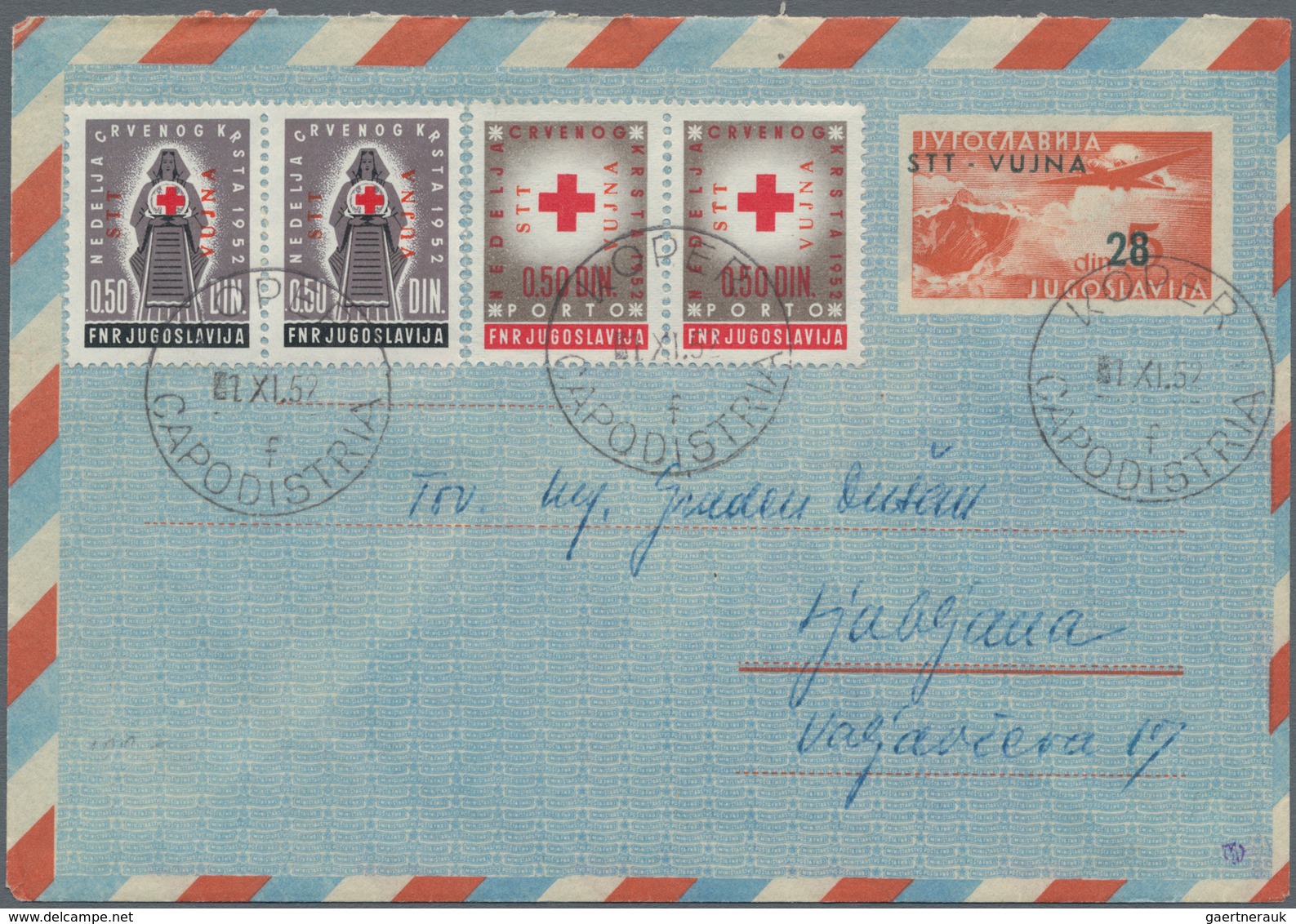 Triest - Zone B - Ganzsachen: 1951, 28 Din On 5 Din Red On Blue Airmail Envelope With Additional Fra - Poststempel