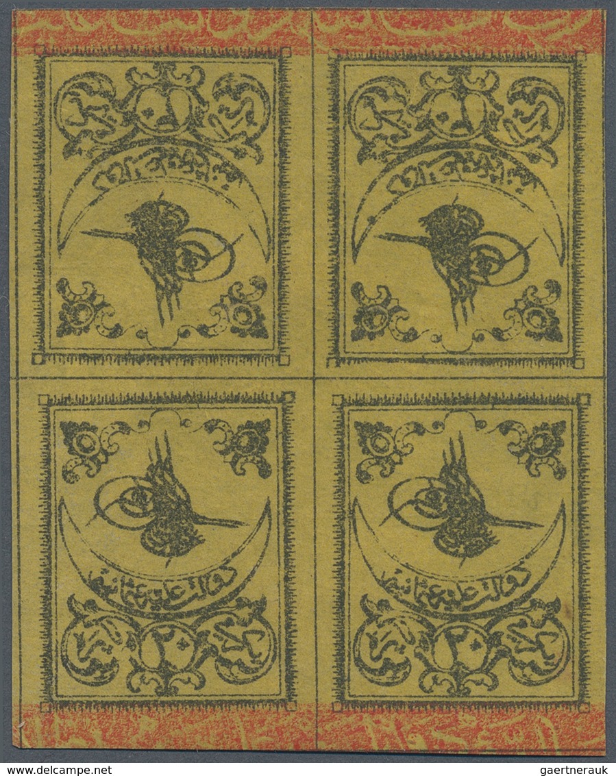 Türkei: 1863, 20 Pa. Black On Yellow Thin Paper, Mint Block Of Four Head To Head Tete-beche. Extreme - Sonstige & Ohne Zuordnung