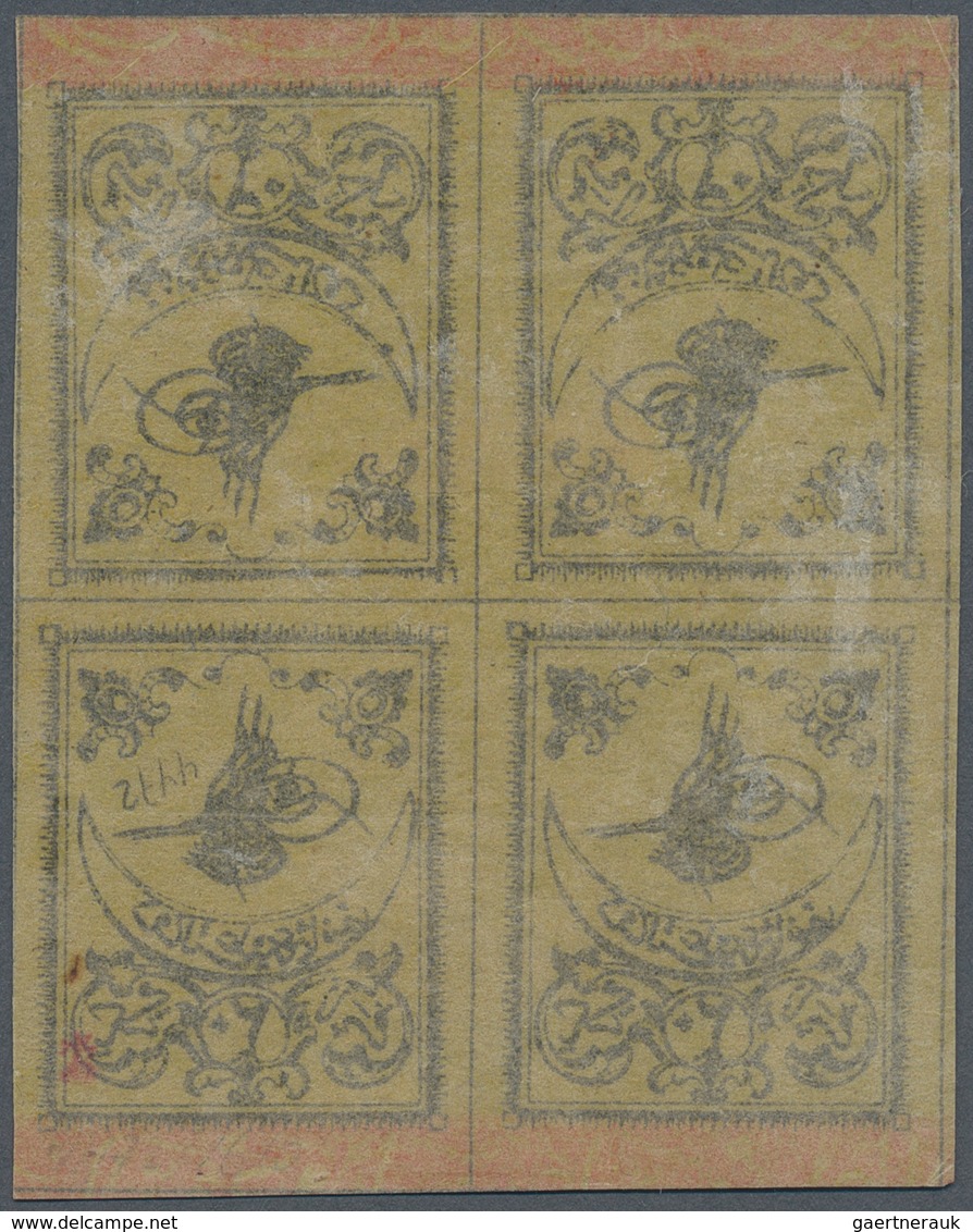 Türkei: 1863, 20 Pa. Black On Yellow Thin Paper, Mint Block Of Four Head To Head Tete-beche. Extreme - Other & Unclassified