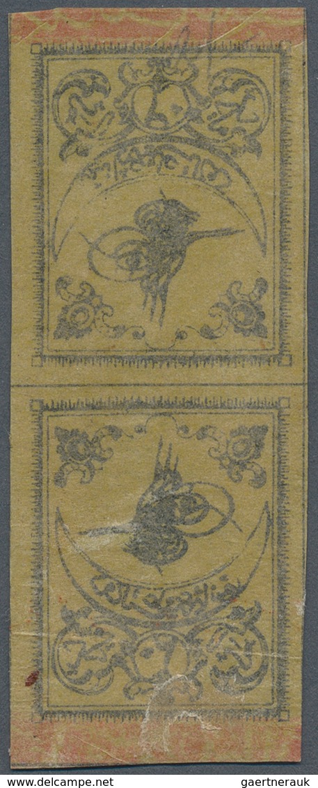 Türkei: 1863, 20 Pa. Black On Thin Yellow Paper, Mint Vertical «head To Head» Tete-beche Pair, Large - Other & Unclassified