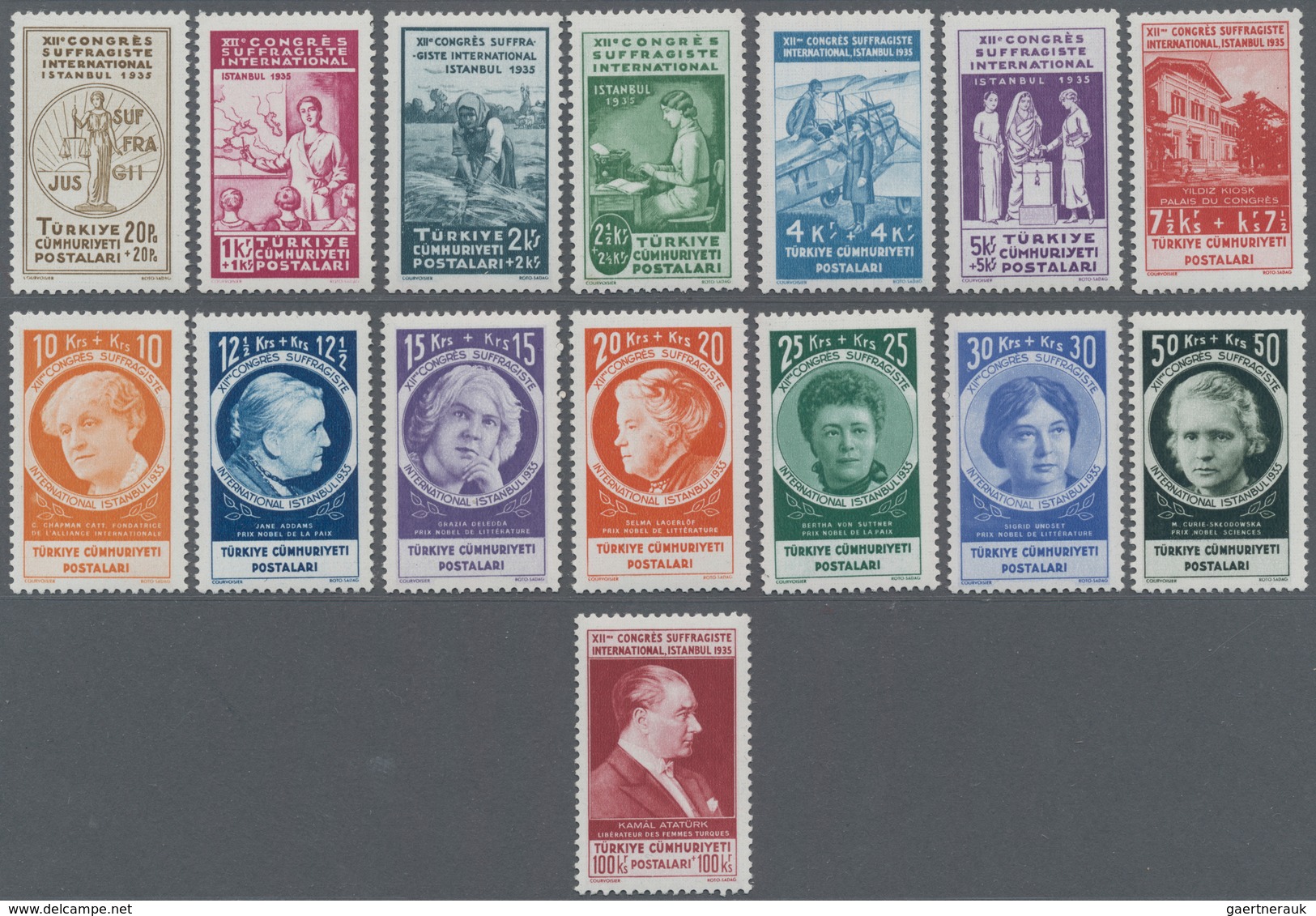 Türkei: 1935, Suffragette's Congress, 20pa.+20pa.-100k.+100k., Complete Set Of 15 Values, Fresh Colo - Other & Unclassified