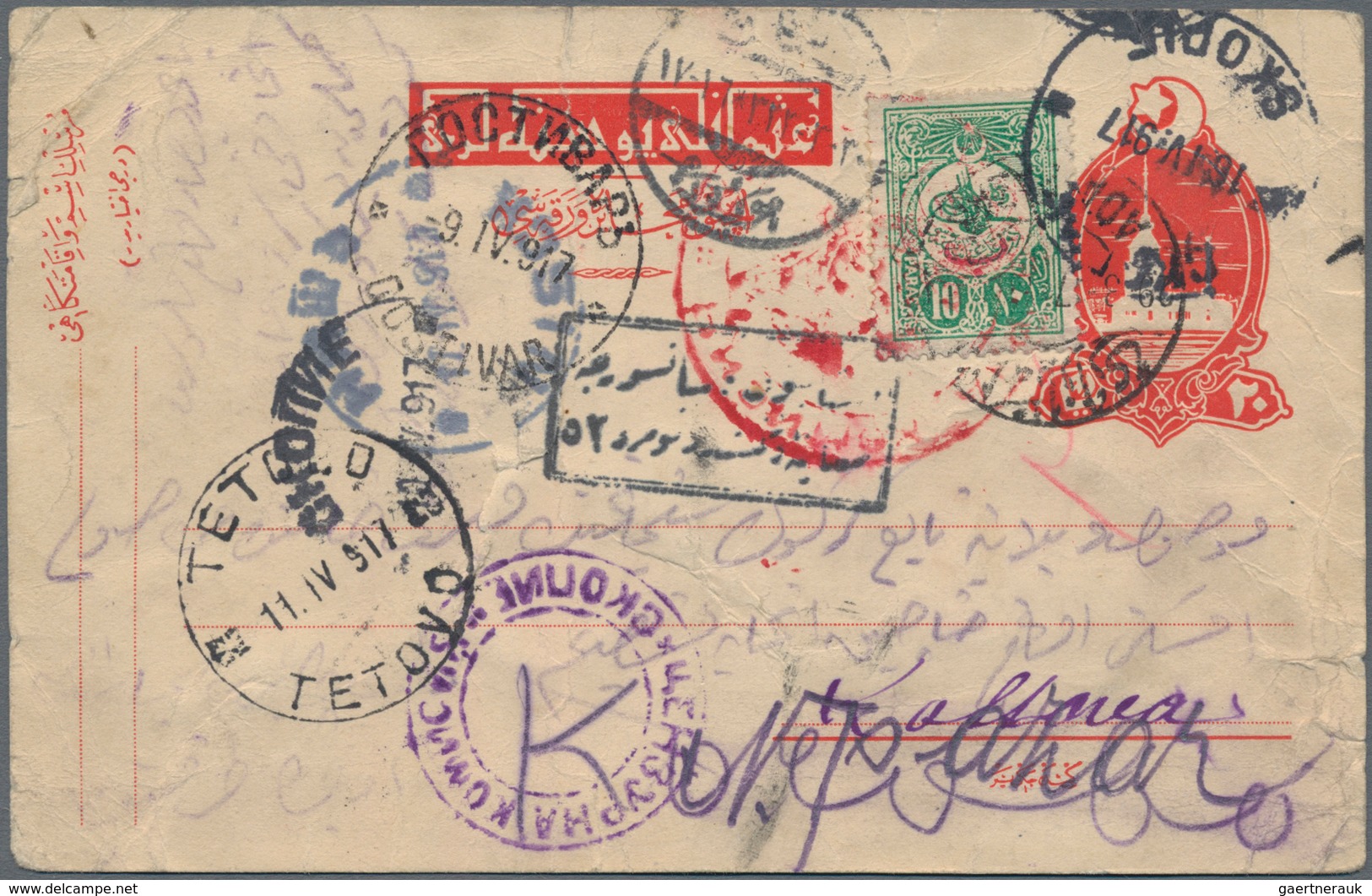 Türkei - Ganzsachen: 1917 Postal Stationery Card 20pa. Red, Uprated 10pa. Green, Used From Adana To - Postwaardestukken