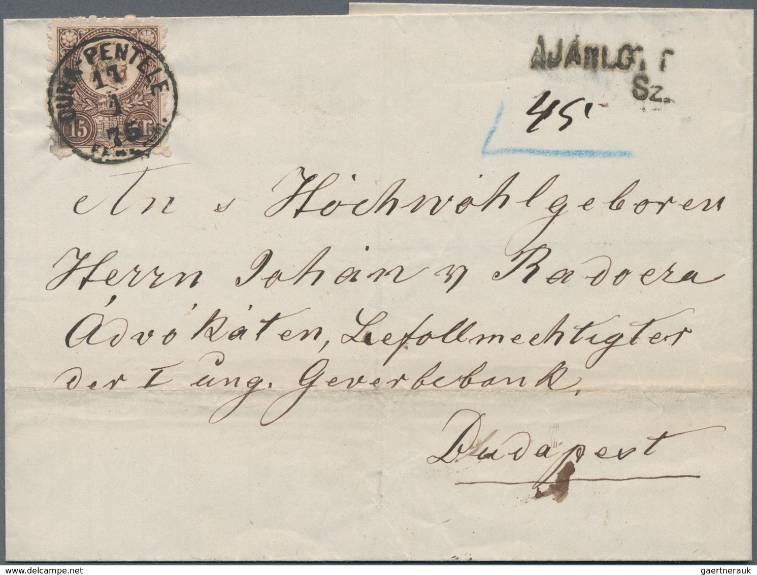 Ungarn: 1875, 15 K Brown Single Franking With Very Rare Circle Cancel "DUNA-PENTELE" On Folded Lette - Andere & Zonder Classificatie