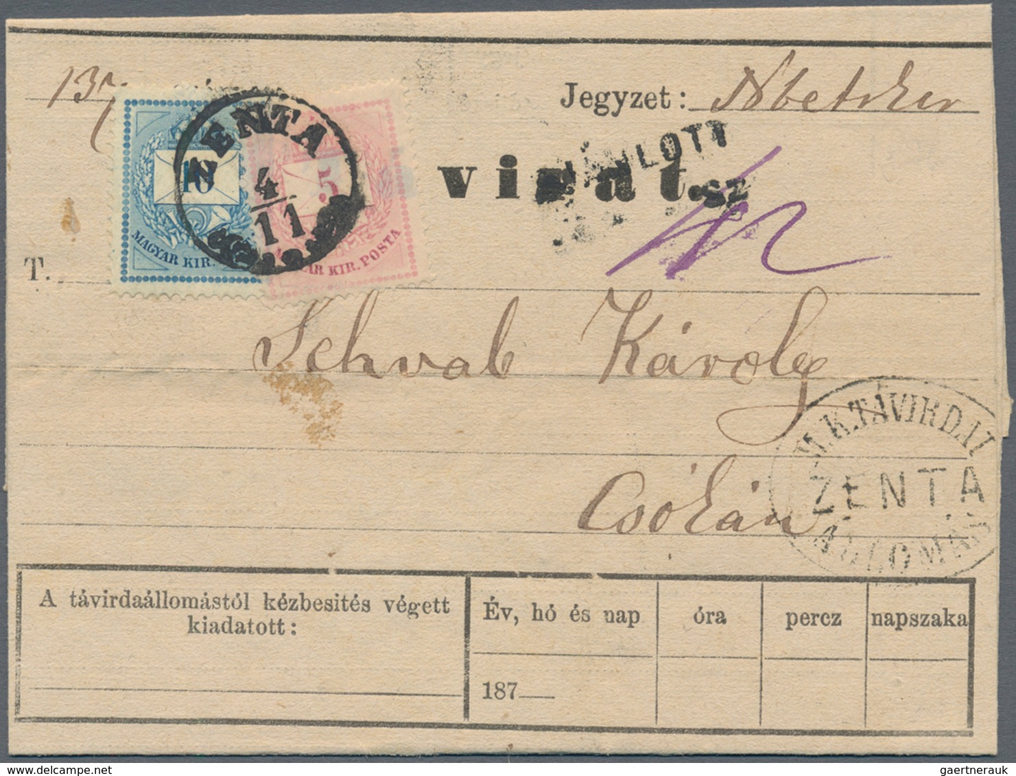 Ungarn: 1876 (4.April), Superb And Fresh Printed Telegraph-Formular "TAVIRAT" Franked With 5 K Rose - Other & Unclassified