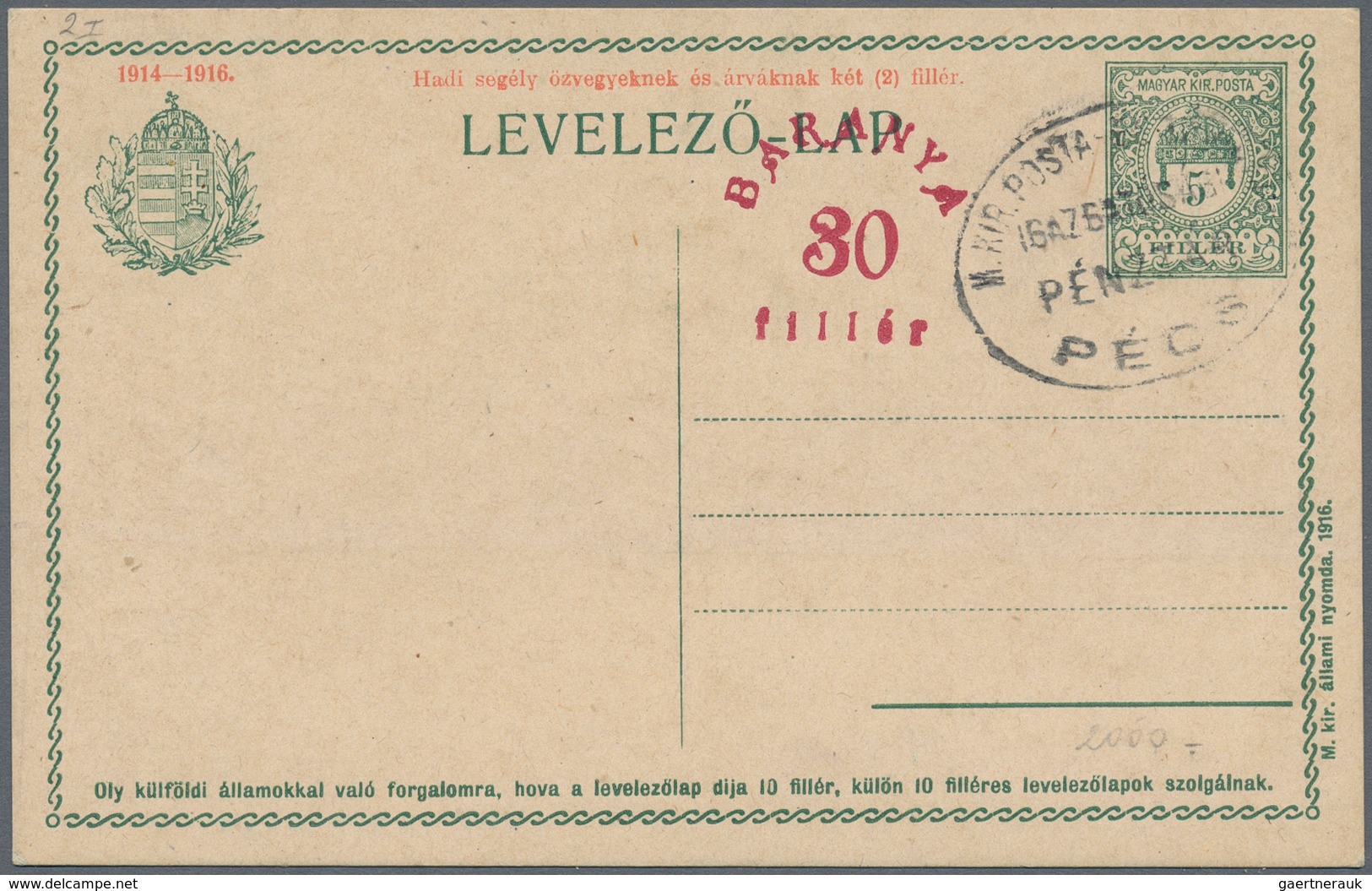 Ungarn - Besetzte Gebiete: Baranya: 1919, 30 F On 5+2 F Dark-green (2x) Postal Stanionery Postcards - Baranya