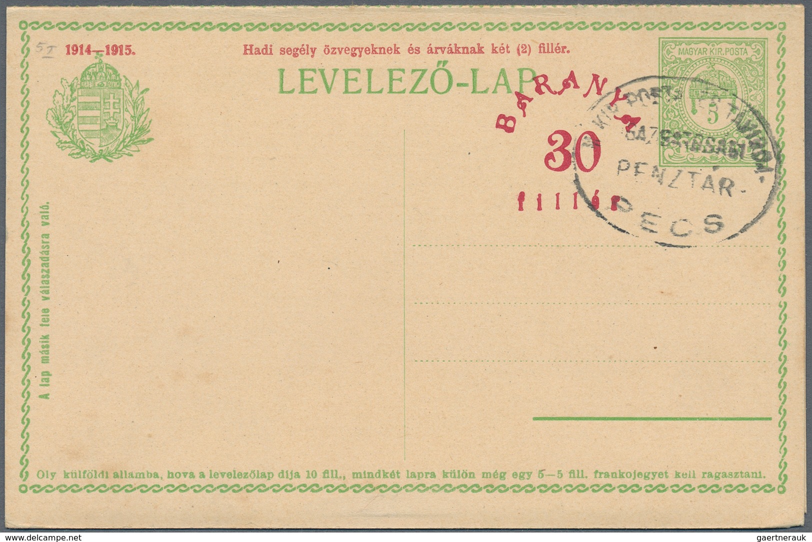 Ungarn - Besetzte Gebiete: Baranya: 1919, 30 F On 5+2 F Dark-green (2x) Postal Stanionery Postcards - Baranya