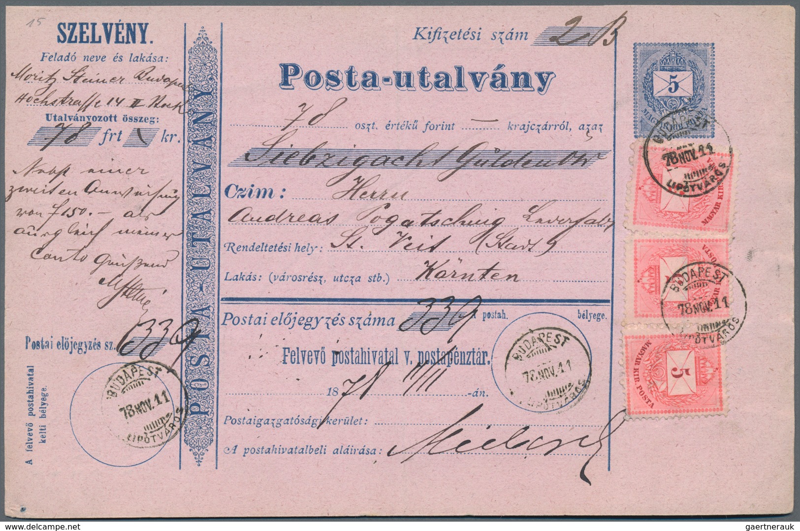 Ungarn - Ganzsachen: 1878, 5 F Blue Postal Money Order With Additional Franking With A Small Thimble - Ganzsachen