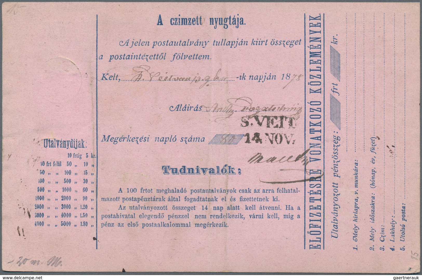 Ungarn - Ganzsachen: 1878, 5 F Blue Postal Money Order With Additional Franking With A Small Thimble - Postwaardestukken