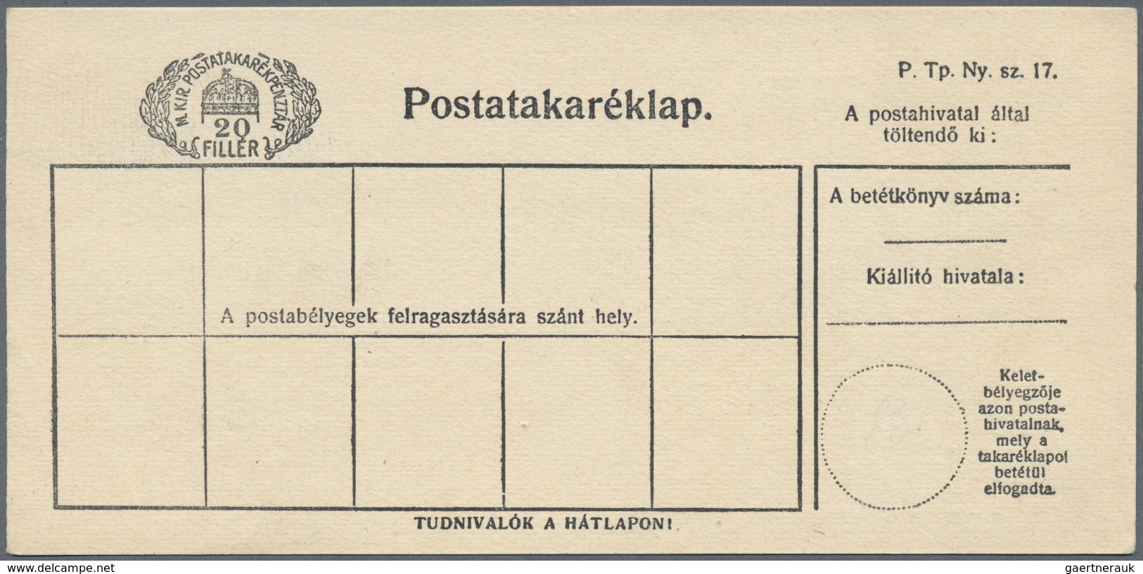 Ungarn - Ganzsachen: 1886/1916, 7 different postal stationery post savings cards 5 f, 10 f red, 10 f