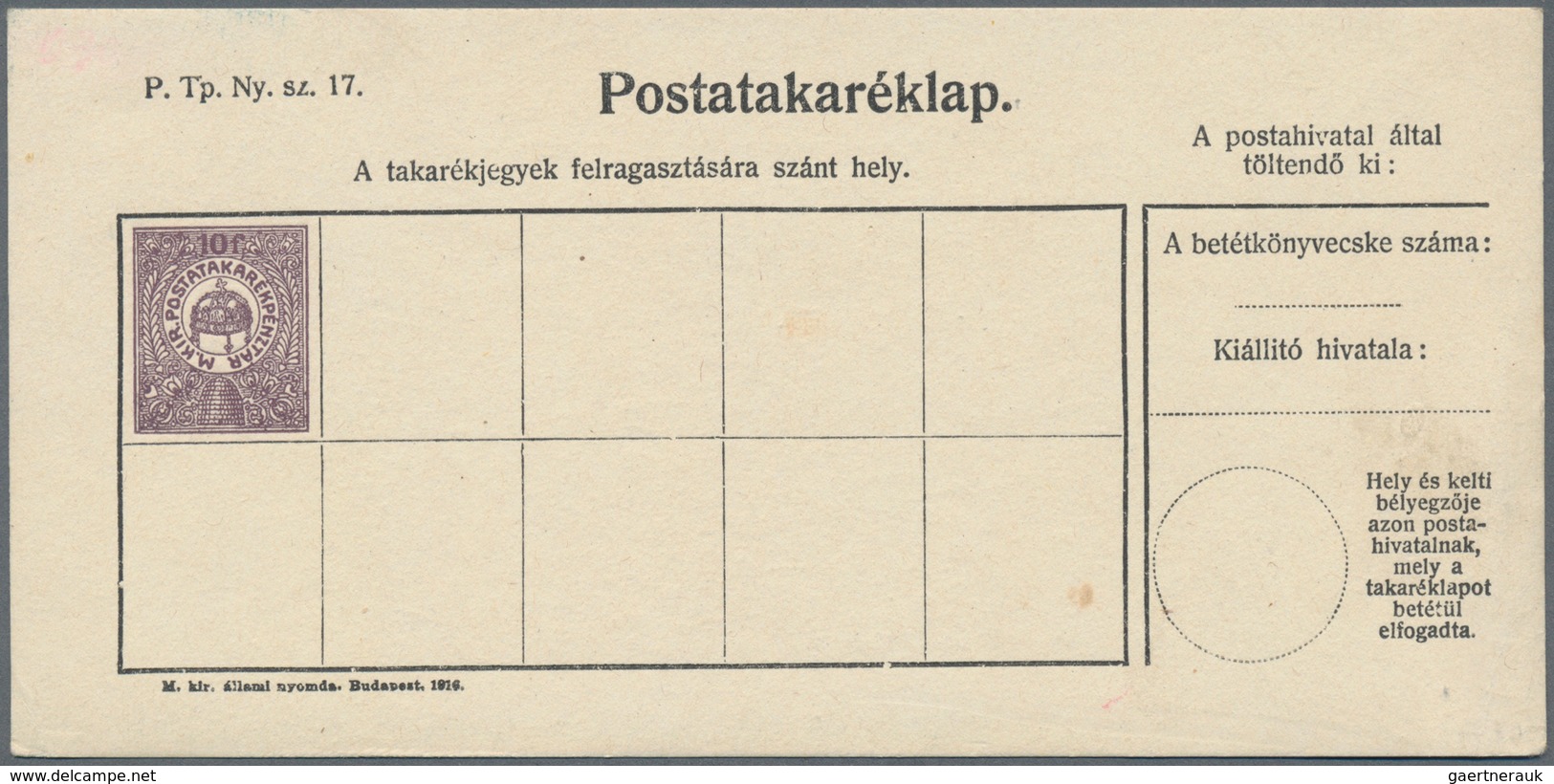 Ungarn - Ganzsachen: 1886/1916, 7 different postal stationery post savings cards 5 f, 10 f red, 10 f