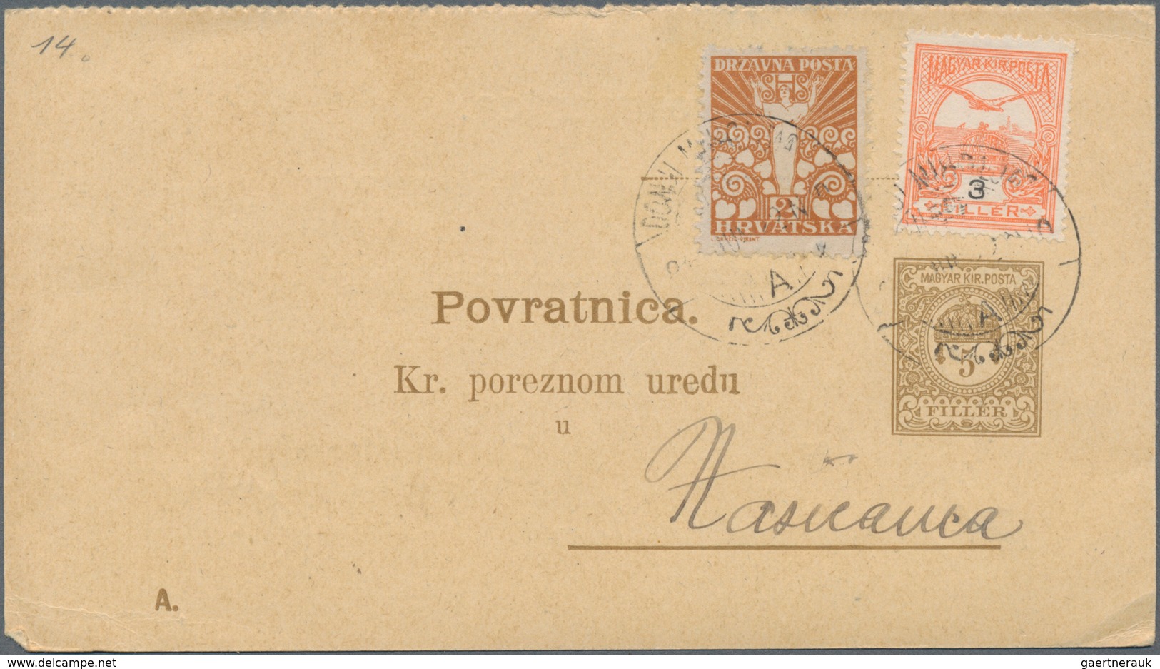 Ungarn - Ganzsachen: 1919, 5 F Olive-brown Return Receipt ("Provratnica"/croatian) Of A Service Post - Entiers Postaux