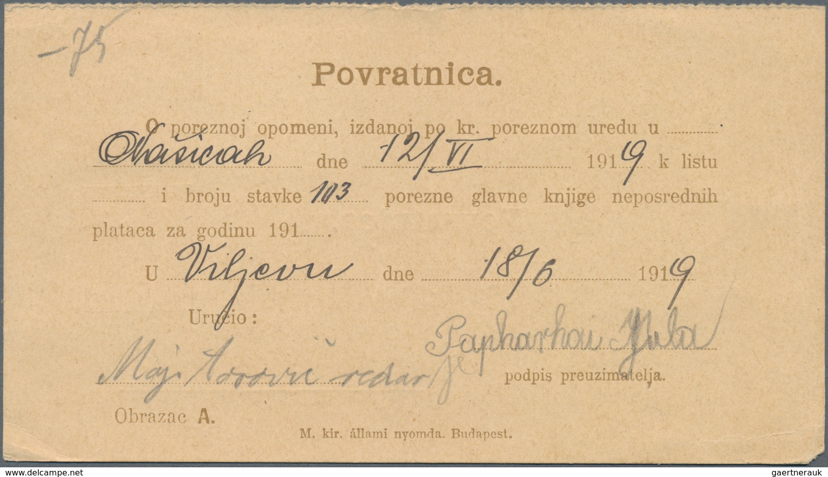 Ungarn - Ganzsachen: 1919, 5 F Olive-brown Return Receipt ("Provratnica"/croatian) Of A Service Post - Entiers Postaux