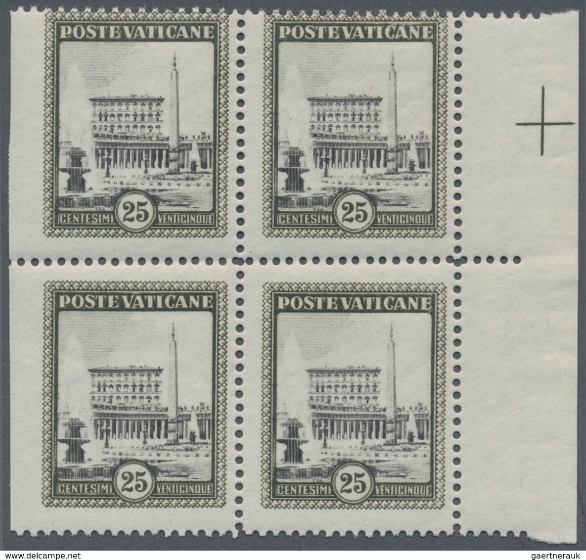 Vatikan: 1933, Vatican Palace 25c. Black/black-olive Block Of Four From Right Margin IMPERFORATE At - Ungebraucht