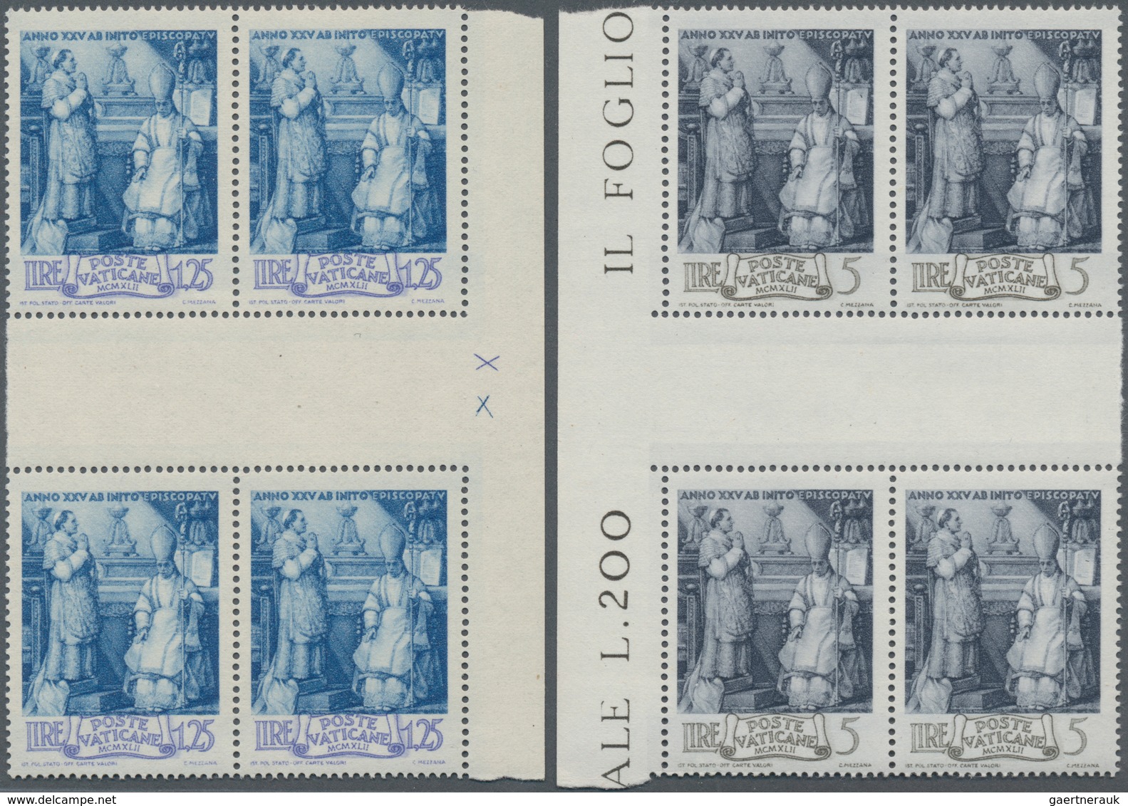 Vatikan: 1943, "BISCHOFSWEIHE”, 4 Werte Im Viererblock Mit ZWISCHENSTEG In Der Mitte (dort Ungefalte - Unused Stamps