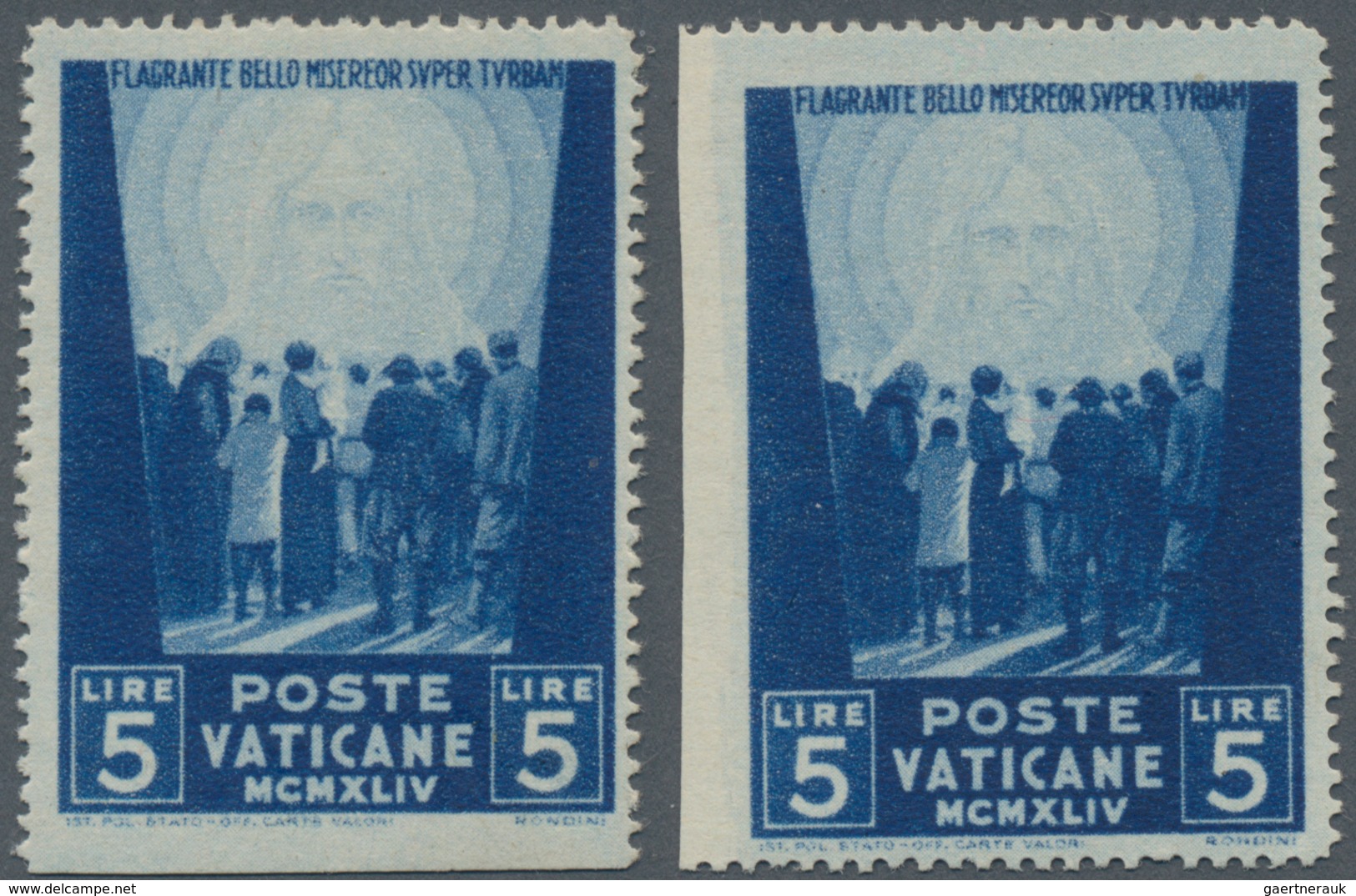 Vatikan: 1945, Relief Organisation For The Victims Of War 5l. Dark Blue Two Stamps IMPERFORATE At Bo - Unused Stamps