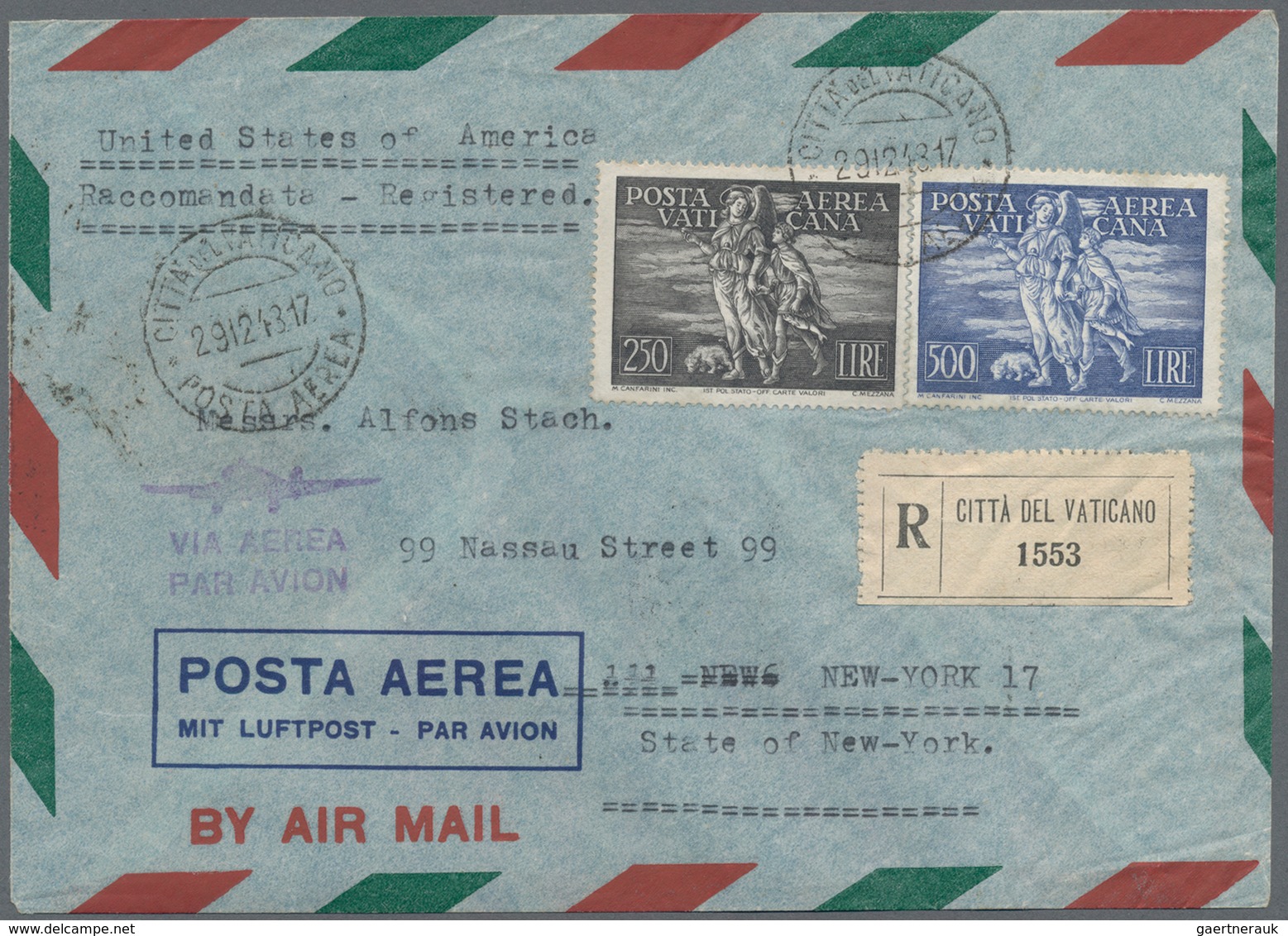 Vatikan: 1948, Airmails 250l. Black And 500l. Ultramarine, Attractive Franking On Registered Airmail - Unused Stamps