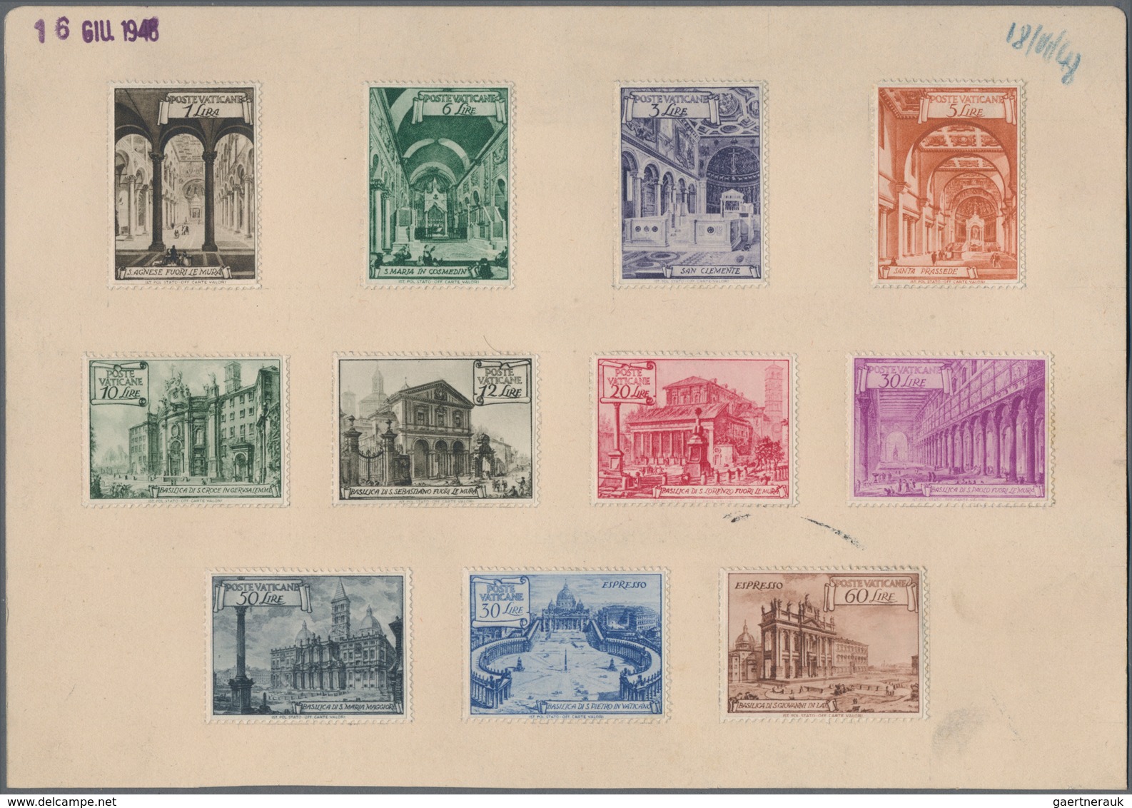 Vatikan: 1948: Basilika Series, ESSAYS/PROOFS In Different Values Then Later Issued. 11 Values, 1 L - Unused Stamps