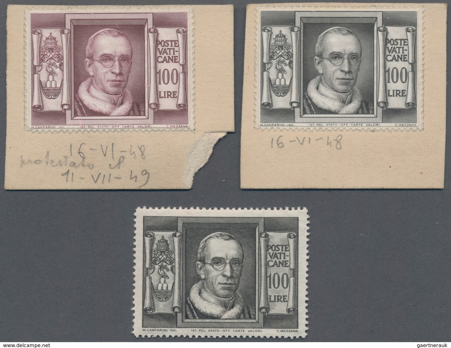 Vatikan: 1948: 100 L Pope Pius XII, Two Proofs, One In Different, Not Issued Color (brownish Lila), - Ongebruikt