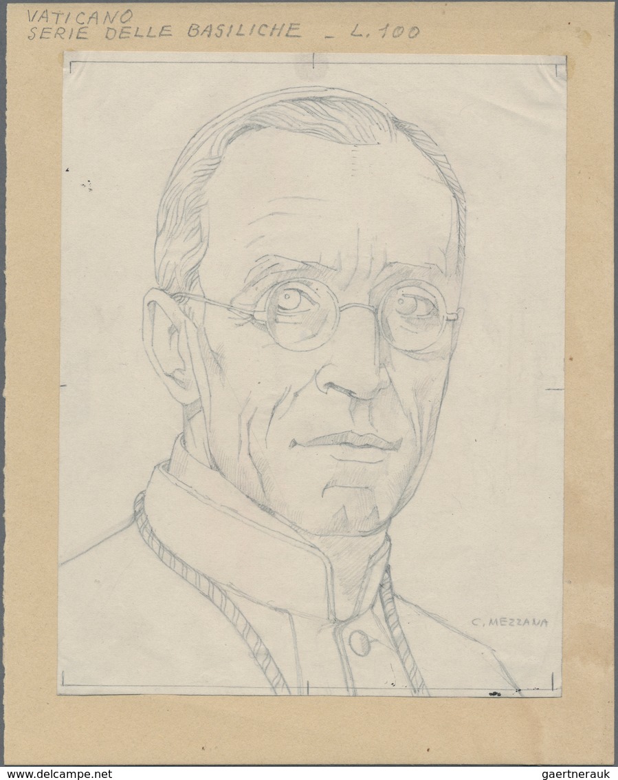 Vatikan: 1949 (ca). Hand Drawn Portrait Sketch Of Pope Pius XII, Format 180x141 Mm (ca), Mounted To - Ungebraucht