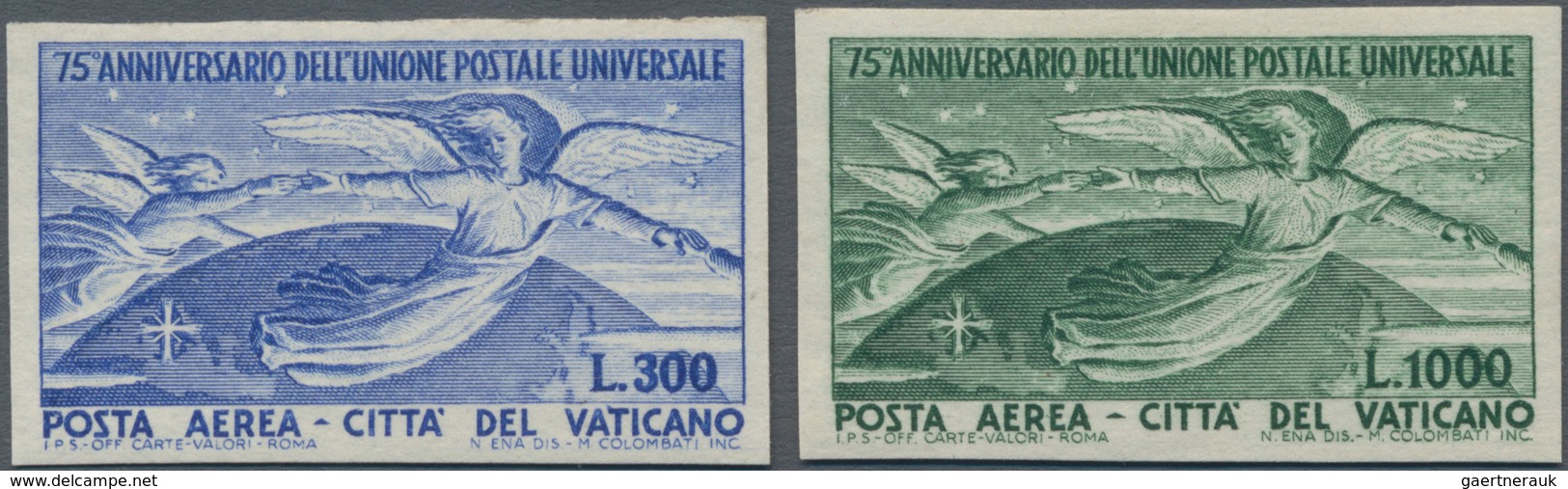 Vatikan: 1949, 75th Anniversary Of UPU, 300l. Ultramarine And 1000l. Green, Both Values IMPERFORATE, - Unused Stamps