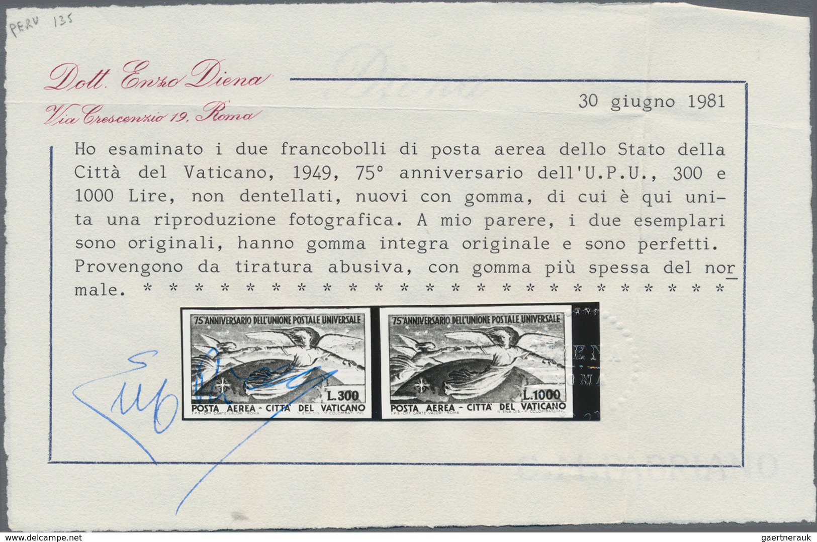 Vatikan: 1949, 75th Anniversary Of UPU, 300l. Ultramarine And 1000l. Green, Both Values IMPERFORATE, - Ongebruikt
