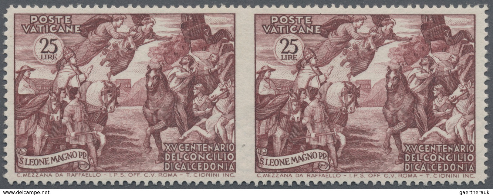 Vatikan: 1951, Council Of Chalcedon, 25l. Red-brown, Horizontal Pair Showing Variety "imperforate In - Ungebraucht