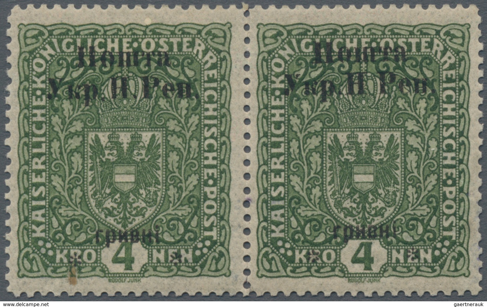Westukraine: 1919, 4kr. Olive Green In Pair, Mint Copys, Right Stamp Has "no Dot After 'H'", MH, Sig - Ucraina