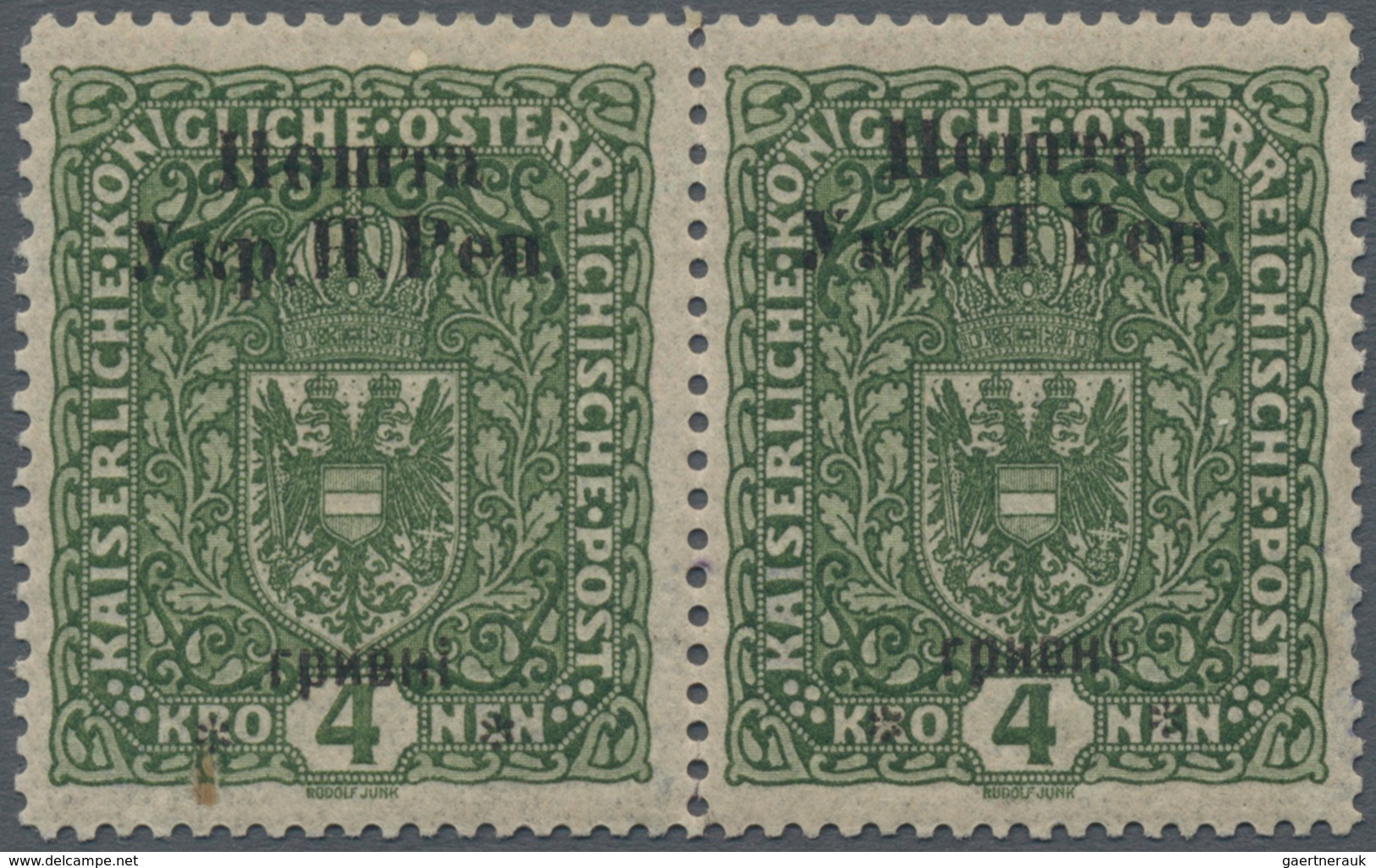 Westukraine: 1919, 4kr. Olive Green In Pair, Mint Copys, Right Stamp Has "no Dot After 'H'", MH, Sig - Ukraine