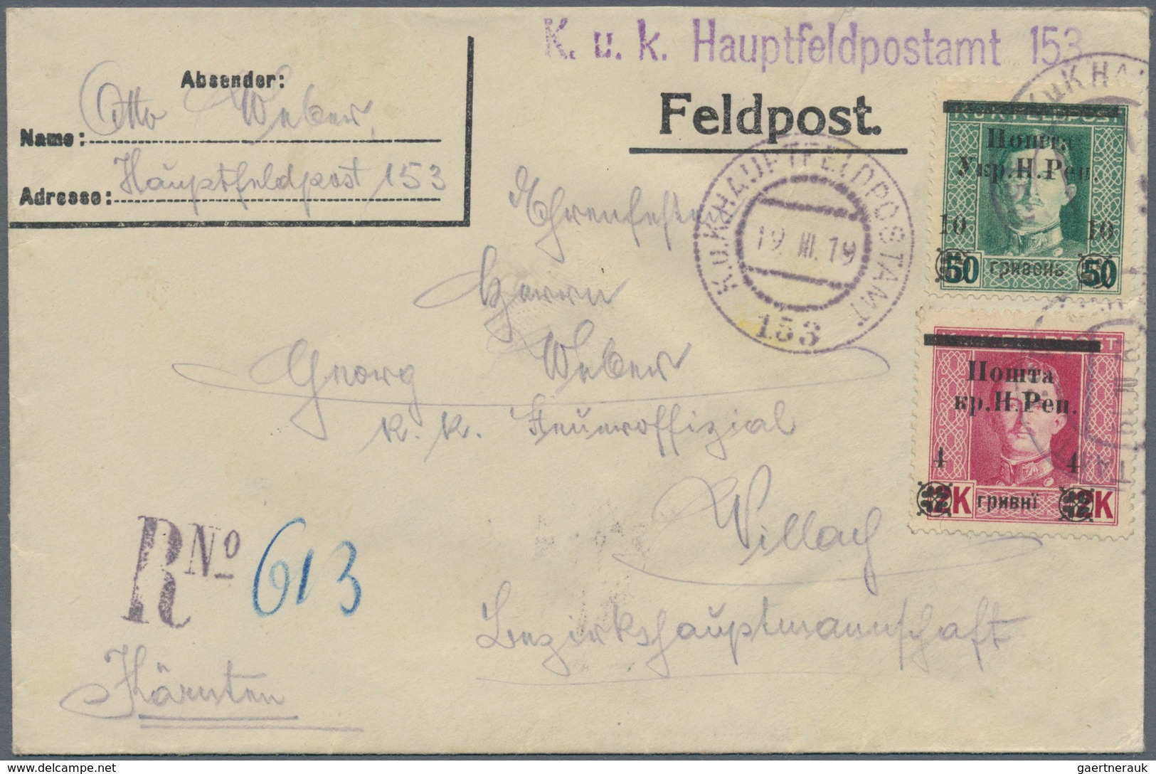 Westukraine: 1919, 4 G On 2 Kr And 10 G On 50 H Overprint Stamps With Violet Cancel "K.u.K. HAUPTFEL - Ukraine
