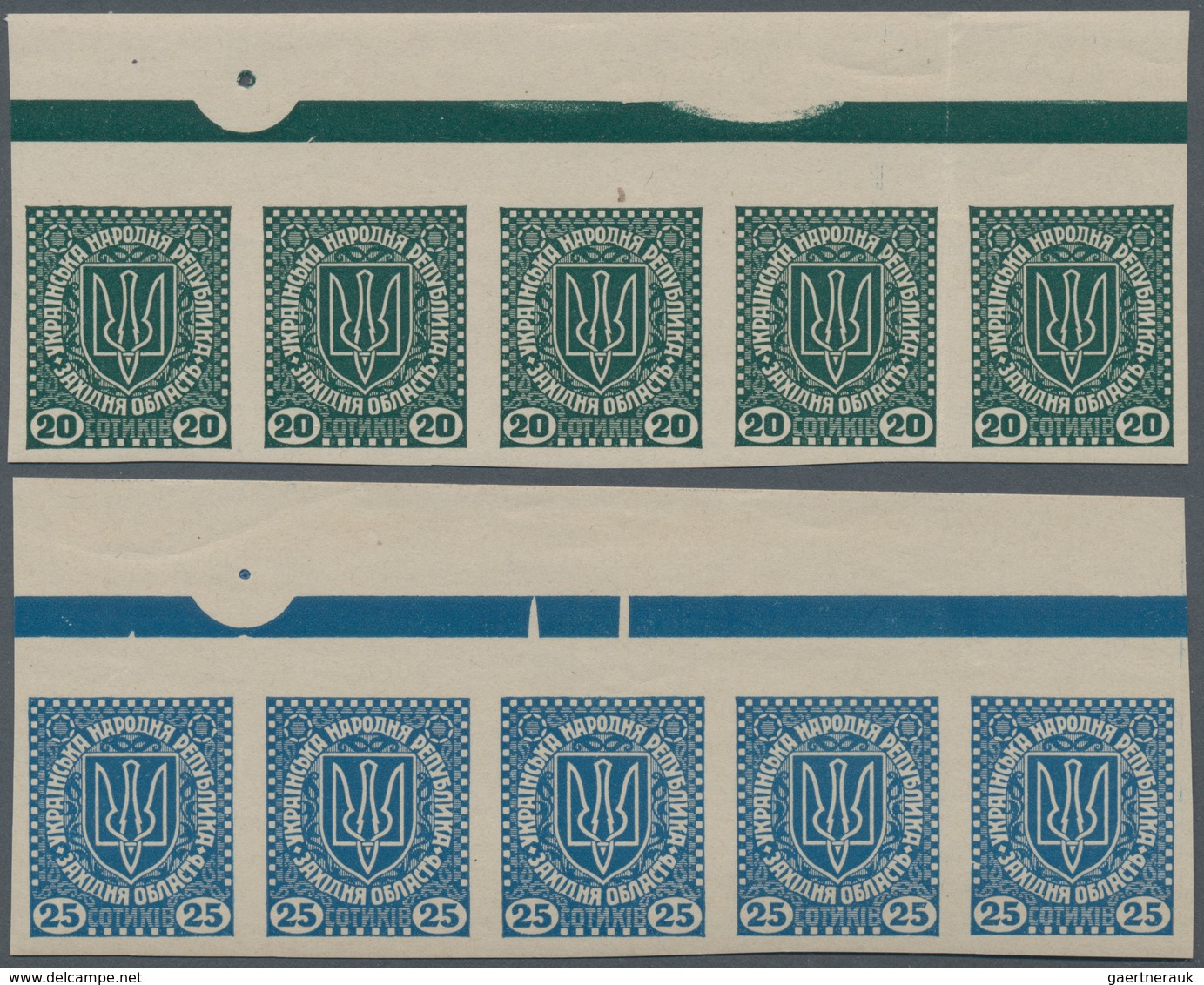 Westukraine: 1919/prepared for but unissued, 10 S.-3 Kr. complete imperforate set of 12 in top margi